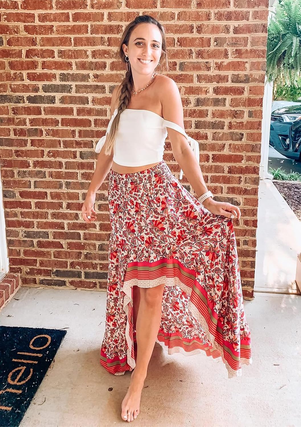 BTFBM Women 2025 Summer Fall Boho Long Skirts Dress Floral Print Elastic Waist Split Ruffle High Low Beach Maxi Skirt