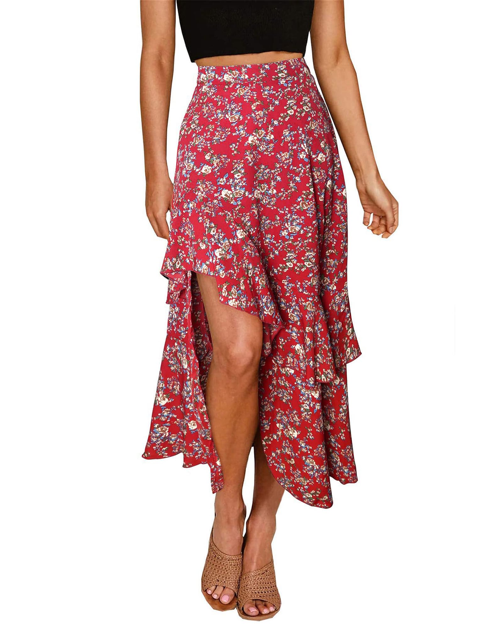 BTFBM Women 2025 Summer Fall Boho Long Skirts Dress Floral Print Elastic Waist Split Ruffle High Low Beach Maxi Skirt