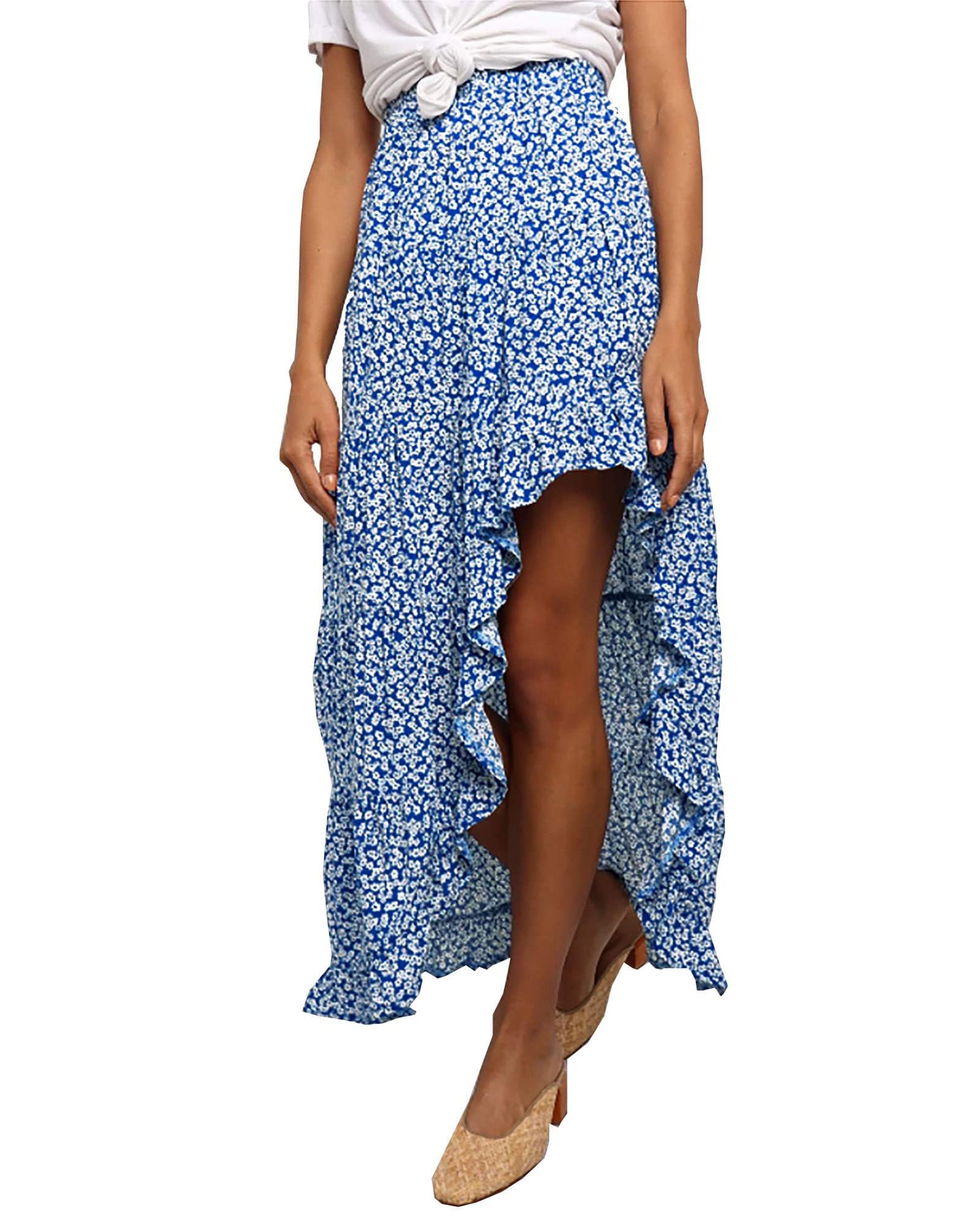 BTFBM Women 2025 Summer Fall Boho Long Skirts Dress Floral Print Elastic Waist Split Ruffle High Low Beach Maxi Skirt