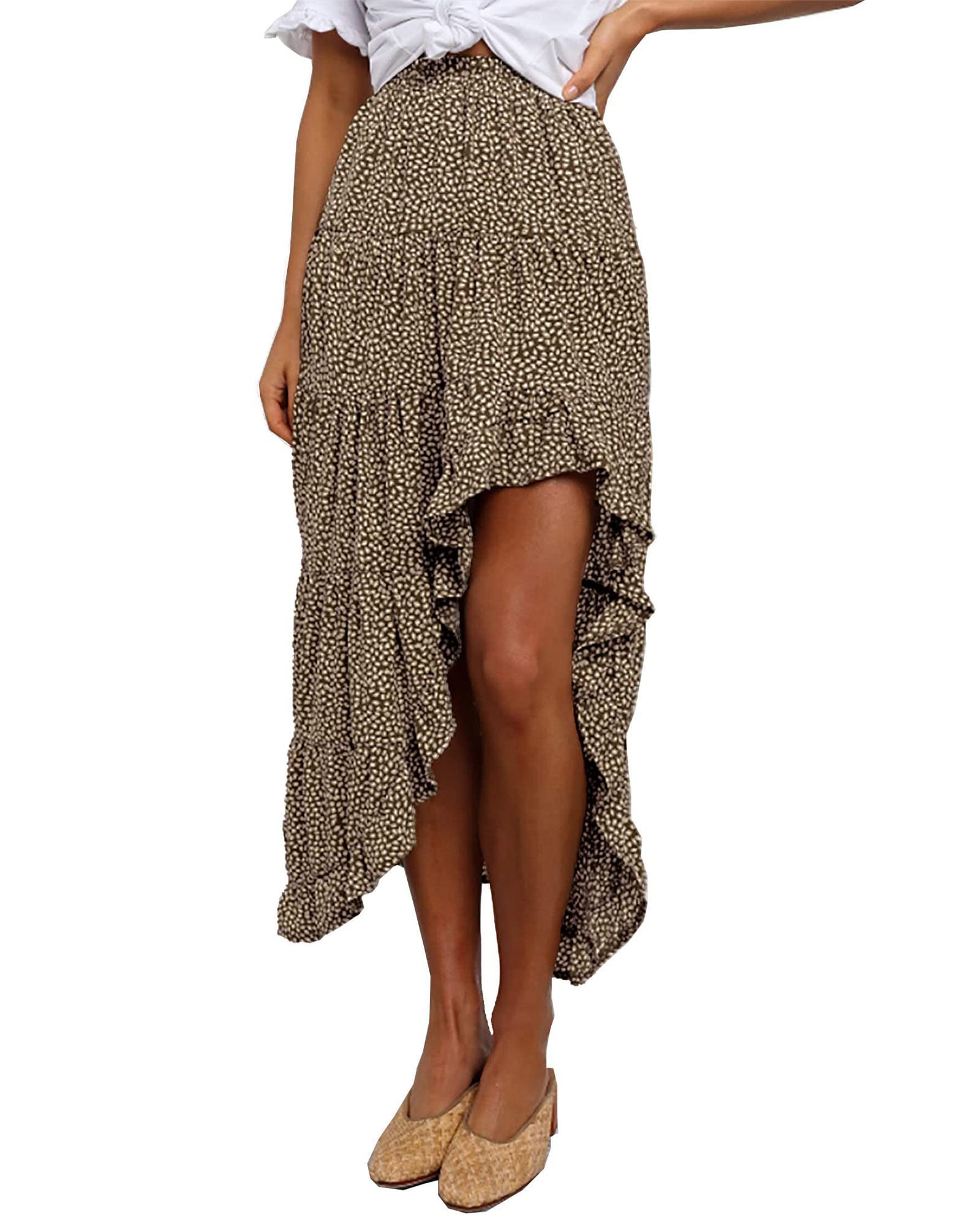 BTFBM Women 2025 Summer Fall Boho Long Skirts Dress Floral Print Elastic Waist Split Ruffle High Low Beach Maxi Skirt