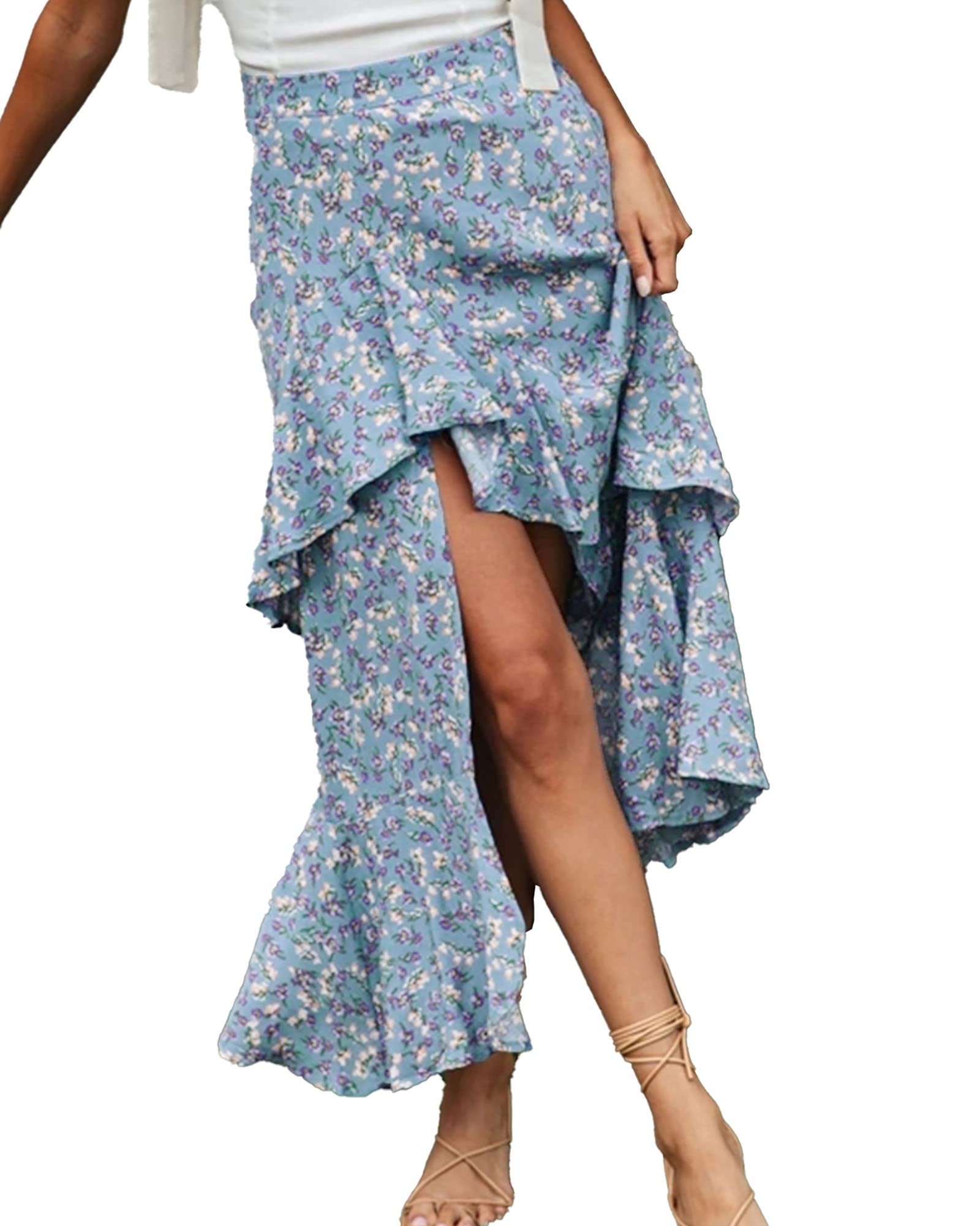 BTFBM Women 2025 Summer Fall Boho Long Skirts Dress Floral Print Elastic Waist Split Ruffle High Low Beach Maxi Skirt