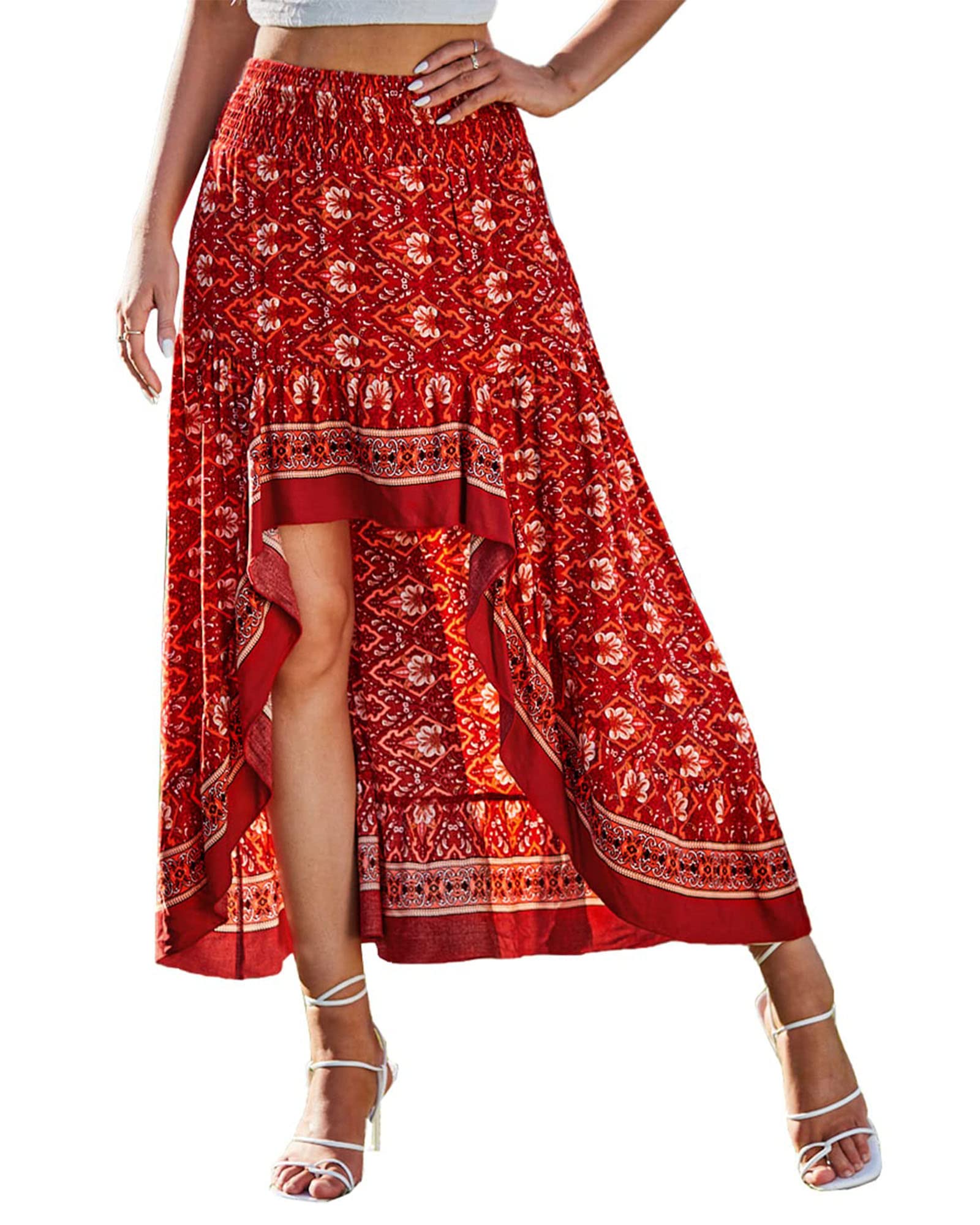 BTFBM Women 2025 Summer Fall Boho Long Skirts Dress Floral Print Elastic Waist Split Ruffle High Low Beach Maxi Skirt