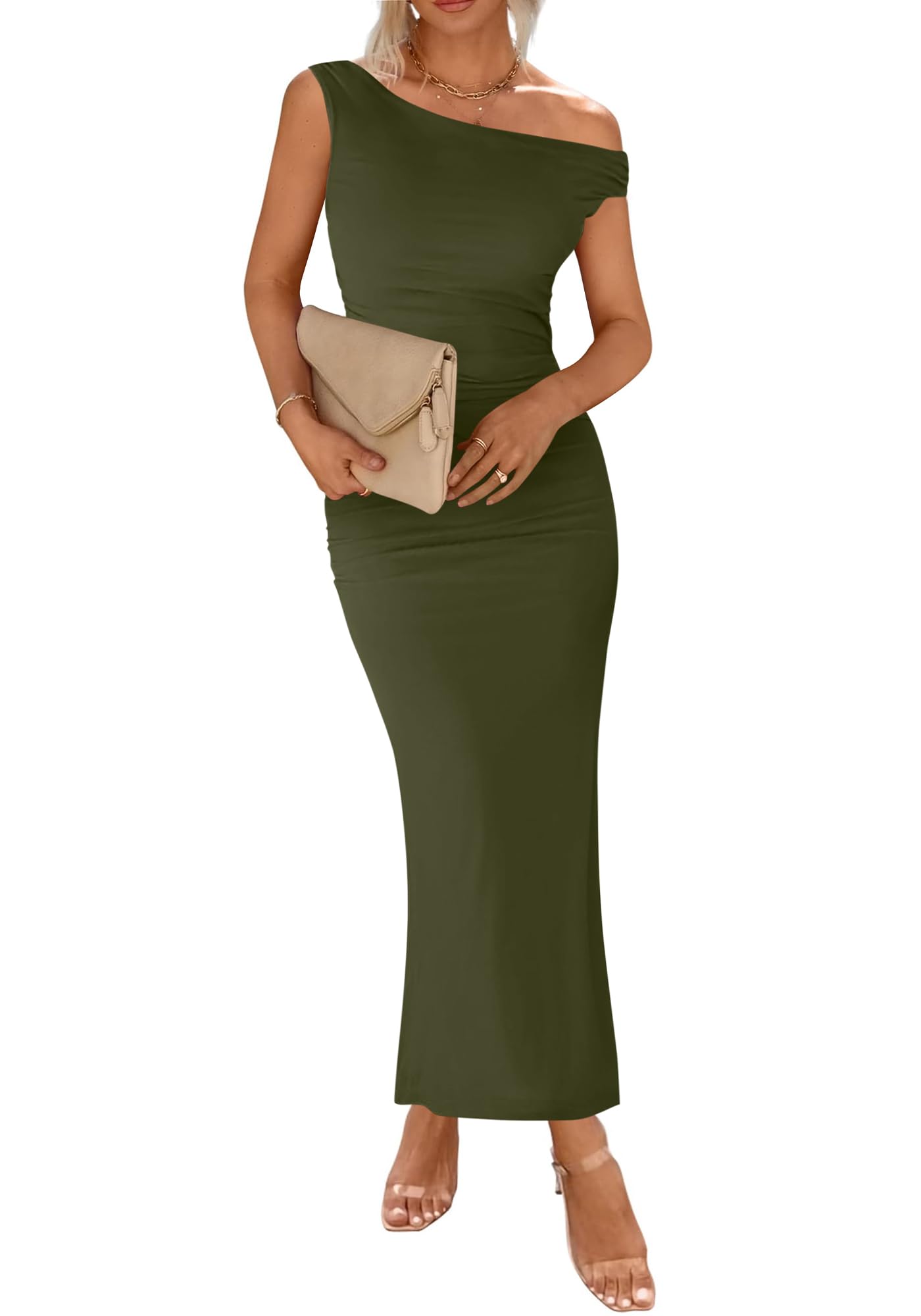 BTFBM Women 2025 Summer One Shoulder Bodycon Ruched Maxi Dress Slit Mesh Long Formal Cocktail Fall Wedding Guest Dresses