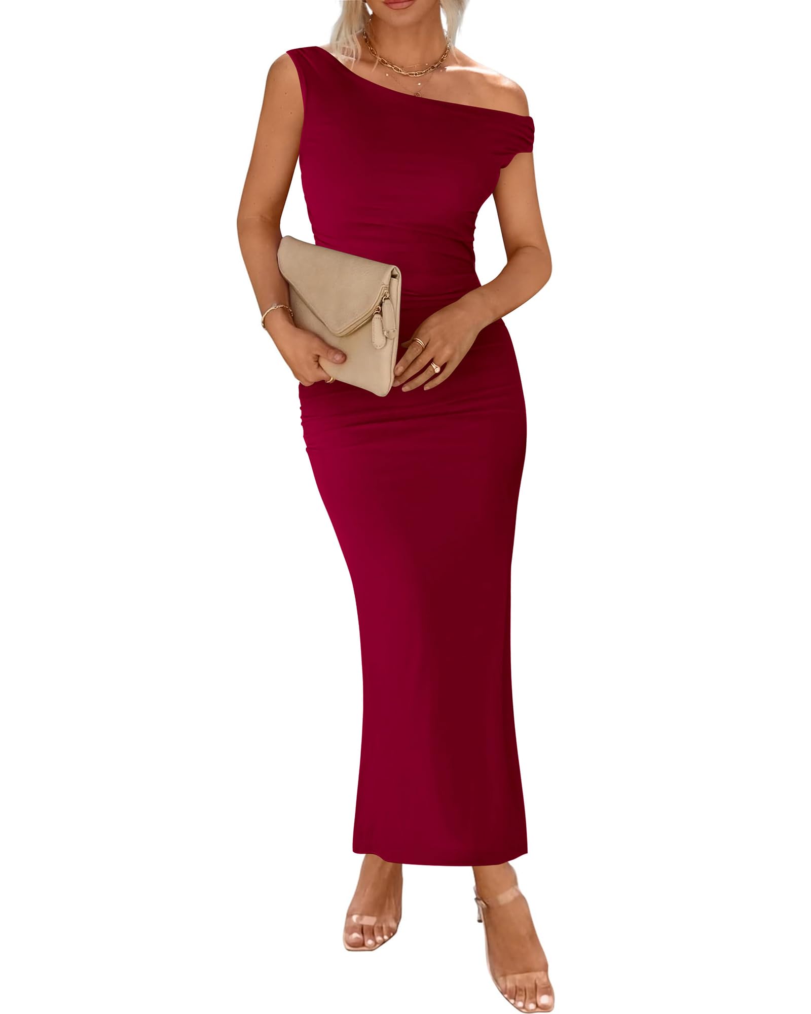 BTFBM Women 2025 Summer One Shoulder Bodycon Ruched Maxi Dress Slit Mesh Long Formal Cocktail Fall Wedding Guest Dresses