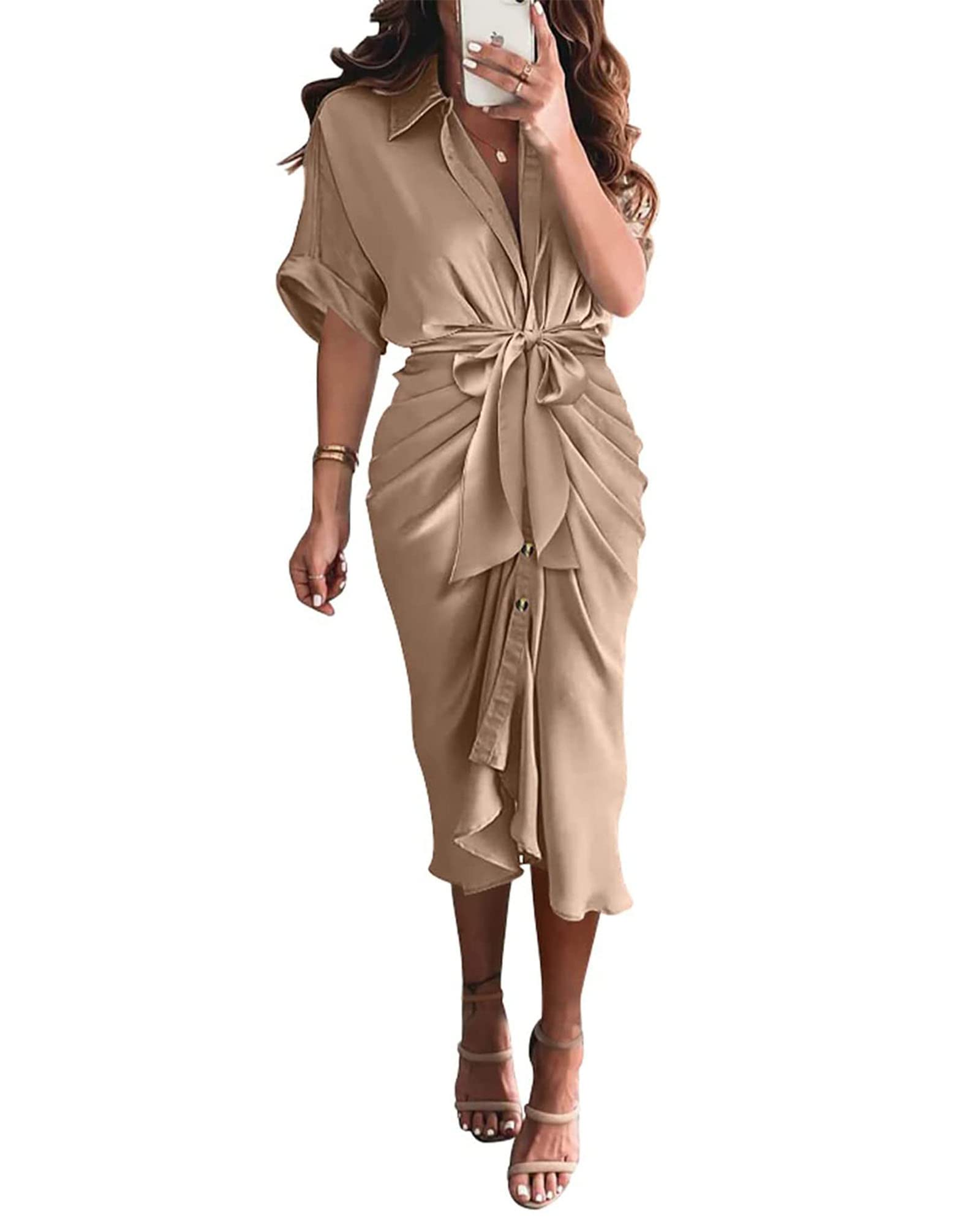 BTFBM Women Button Down Ruched Shirt Dresses Satin Short Sleeve Lapel V Neck Summer Maxi Dress 2025 Party Wedding Guest
