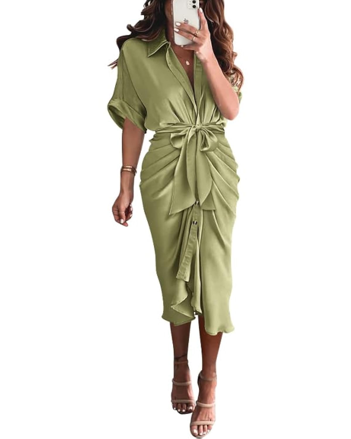 BTFBM Women Button Down Ruched Shirt Dresses Satin Short Sleeve Lapel V Neck Summer Maxi Dress 2025 Party Wedding Guest