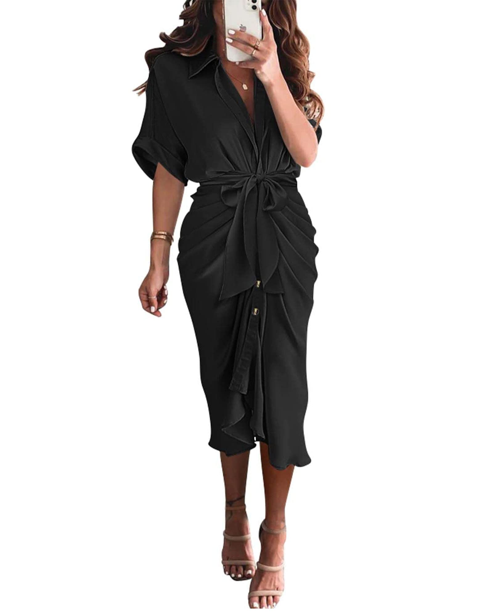 BTFBM Women Button Down Ruched Shirt Dresses Satin Short Sleeve Lapel V Neck Summer Maxi Dress 2025 Party Wedding Guest