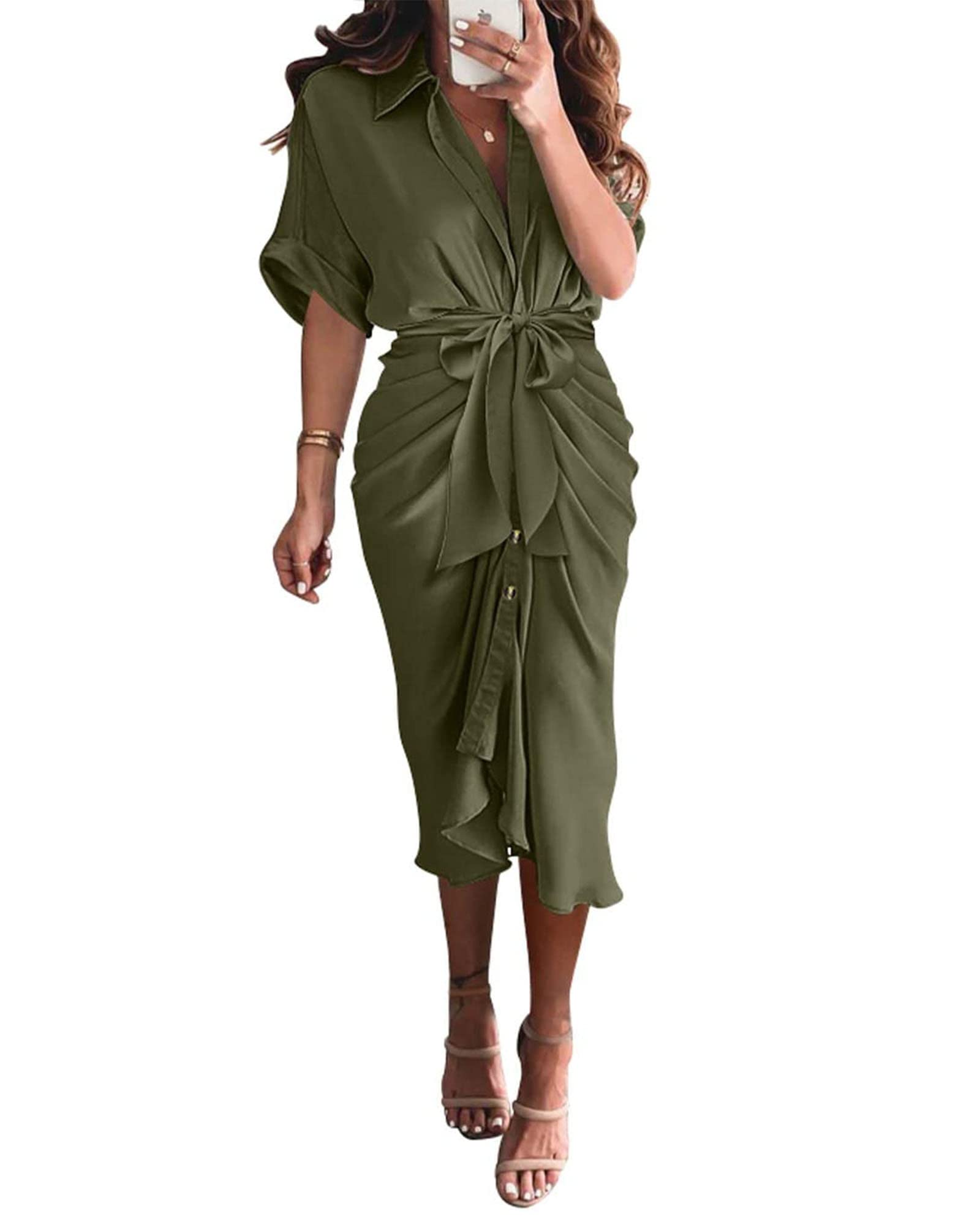 BTFBM Women Button Down Ruched Shirt Dresses Satin Short Sleeve Lapel V Neck Summer Maxi Dress 2025 Party Wedding Guest