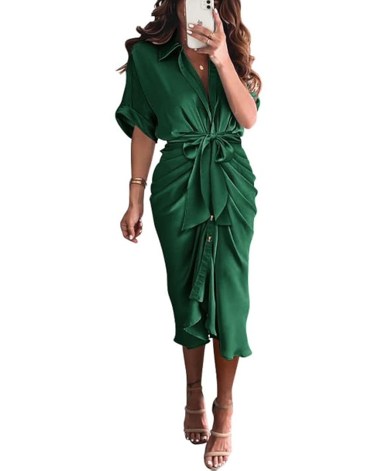 BTFBM Women Button Down Ruched Shirt Dresses Satin Short Sleeve Lapel V Neck Summer Maxi Dress 2025 Party Wedding Guest