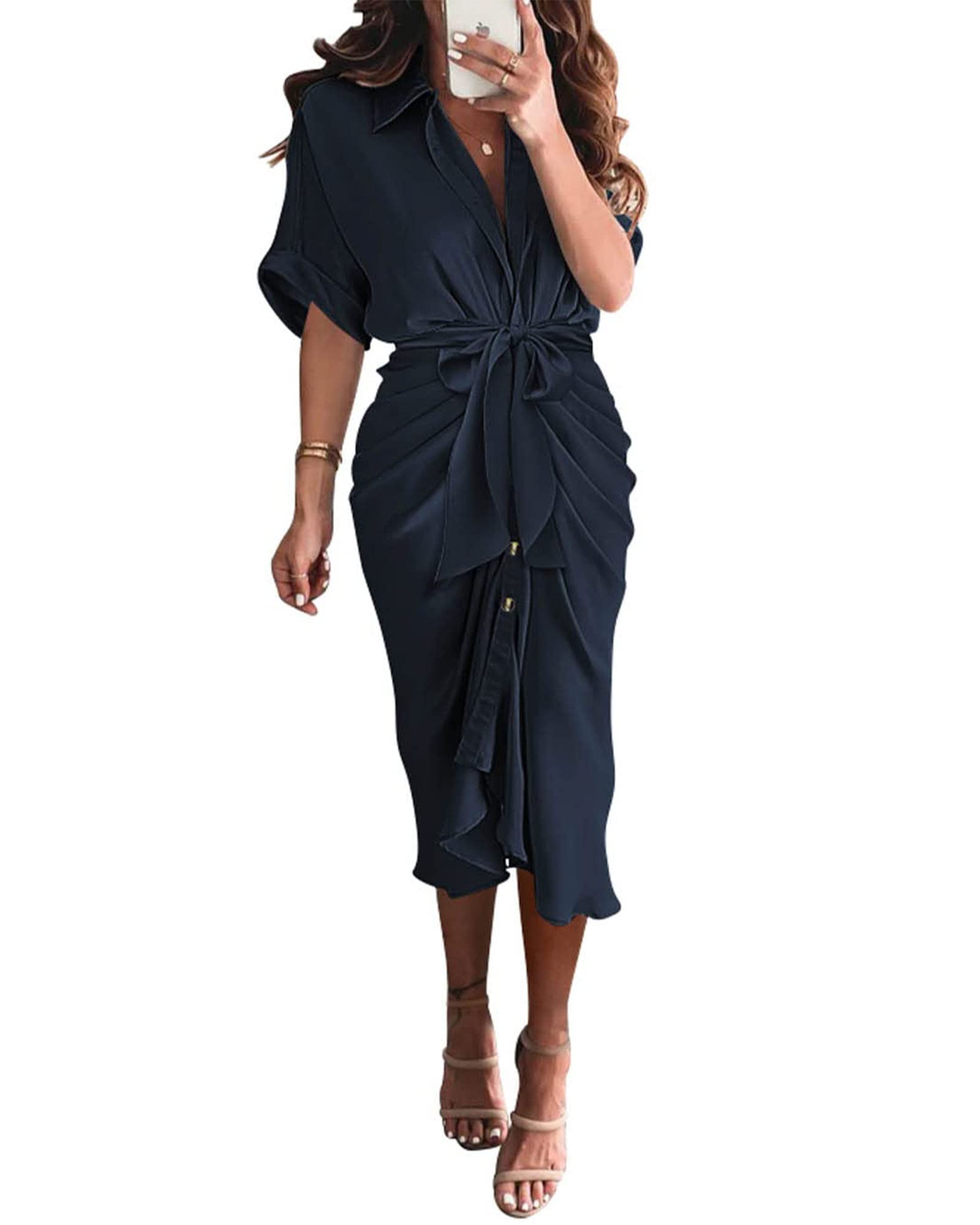 BTFBM Women Button Down Ruched Shirt Dresses Satin Short Sleeve Lapel V Neck Summer Maxi Dress 2025 Party Wedding Guest