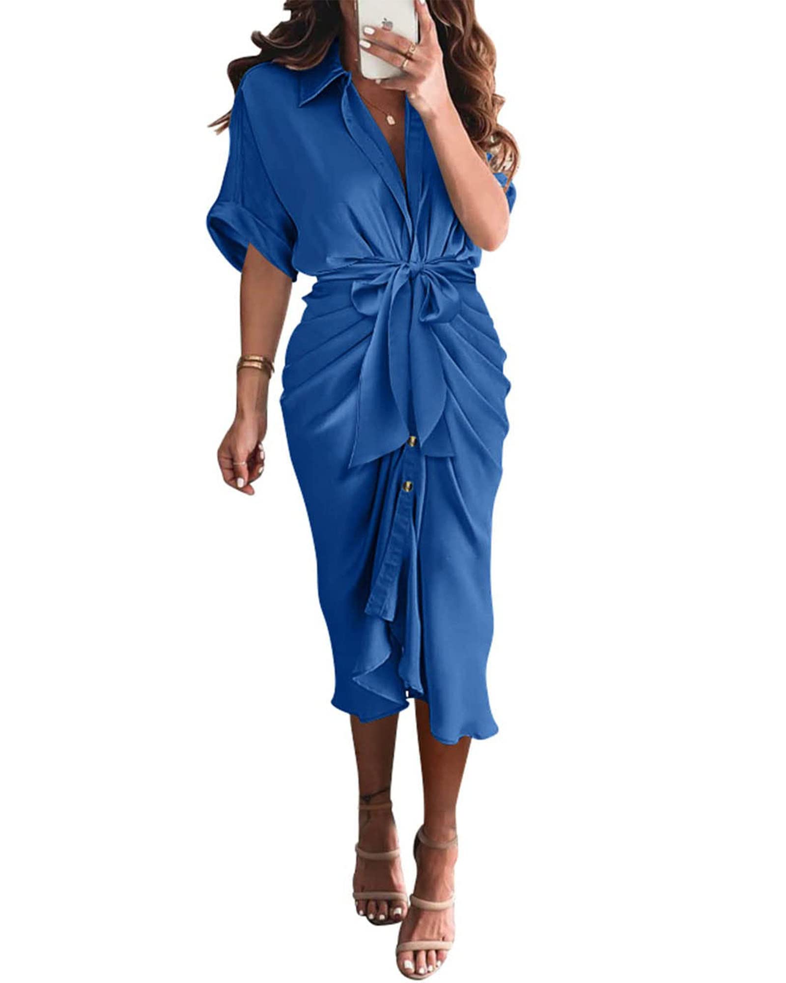 BTFBM Women Button Down Ruched Shirt Dresses Satin Short Sleeve Lapel V Neck Summer Maxi Dress 2025 Party Wedding Guest