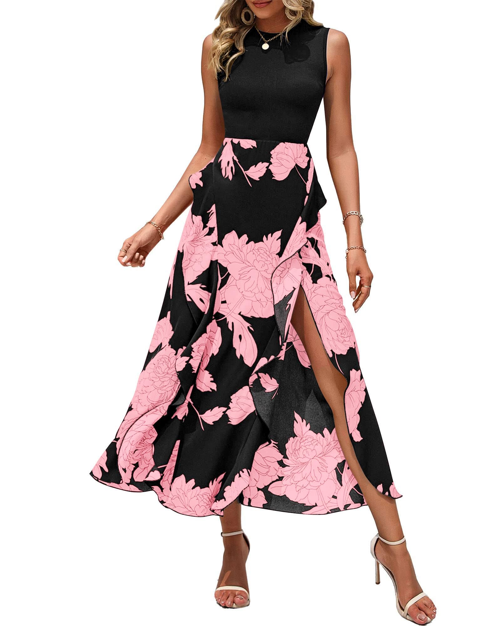 BTFBM Women Casual Sleeveless Summer Dresses 2025 Spring Crewneck Patchwork Boho Floral Ruffle Cocktail Party Midi Dress