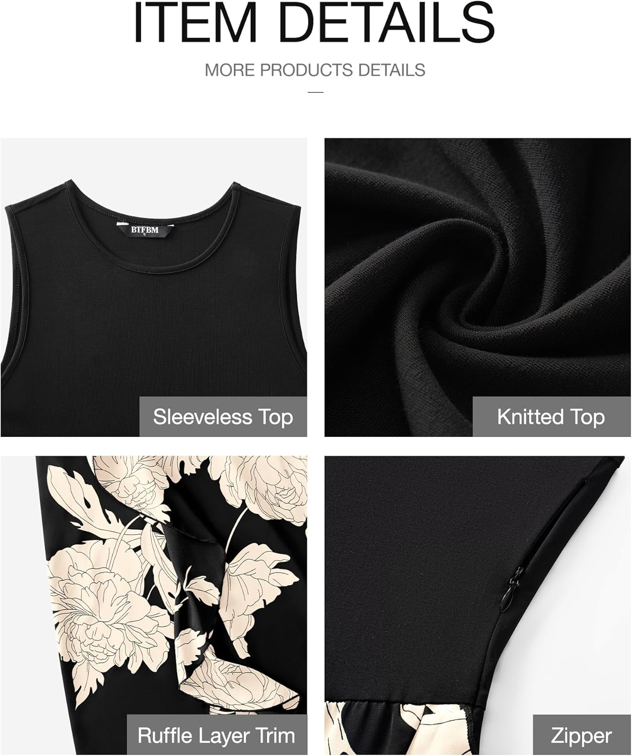 BTFBM Women Casual Sleeveless Summer Dresses 2025 Spring Crewneck Patchwork Boho Floral Ruffle Cocktail Party Midi Dress