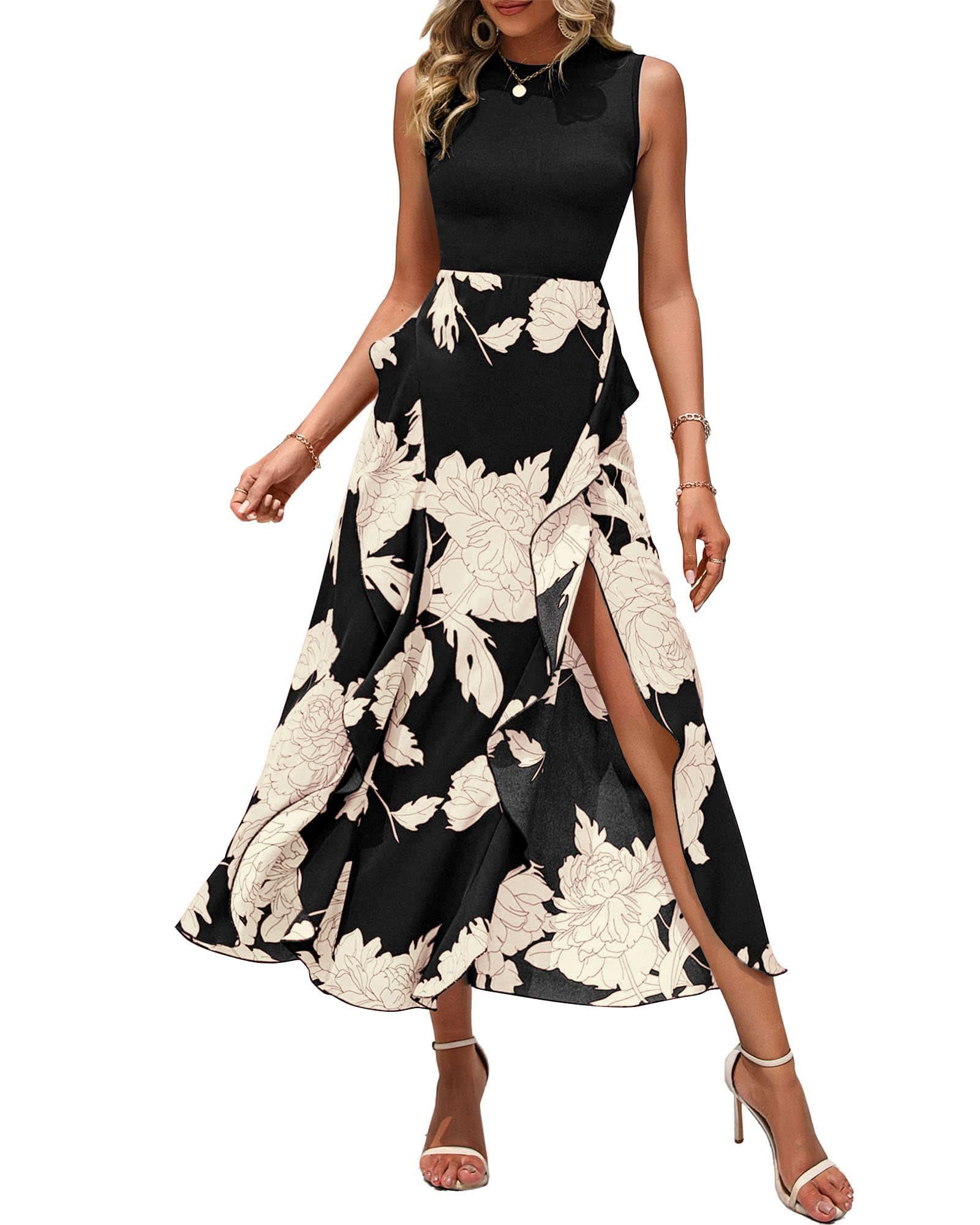 BTFBM Women Casual Sleeveless Summer Dresses 2025 Spring Crewneck Patchwork Boho Floral Ruffle Cocktail Party Midi Dress