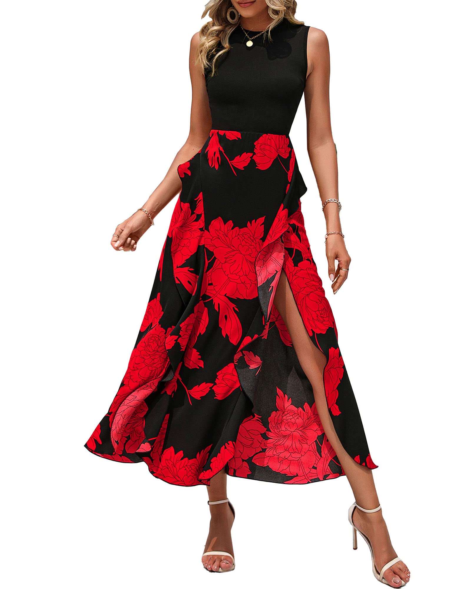 BTFBM Women Casual Sleeveless Summer Dresses 2025 Spring Crewneck Patchwork Boho Floral Ruffle Cocktail Party Midi Dress