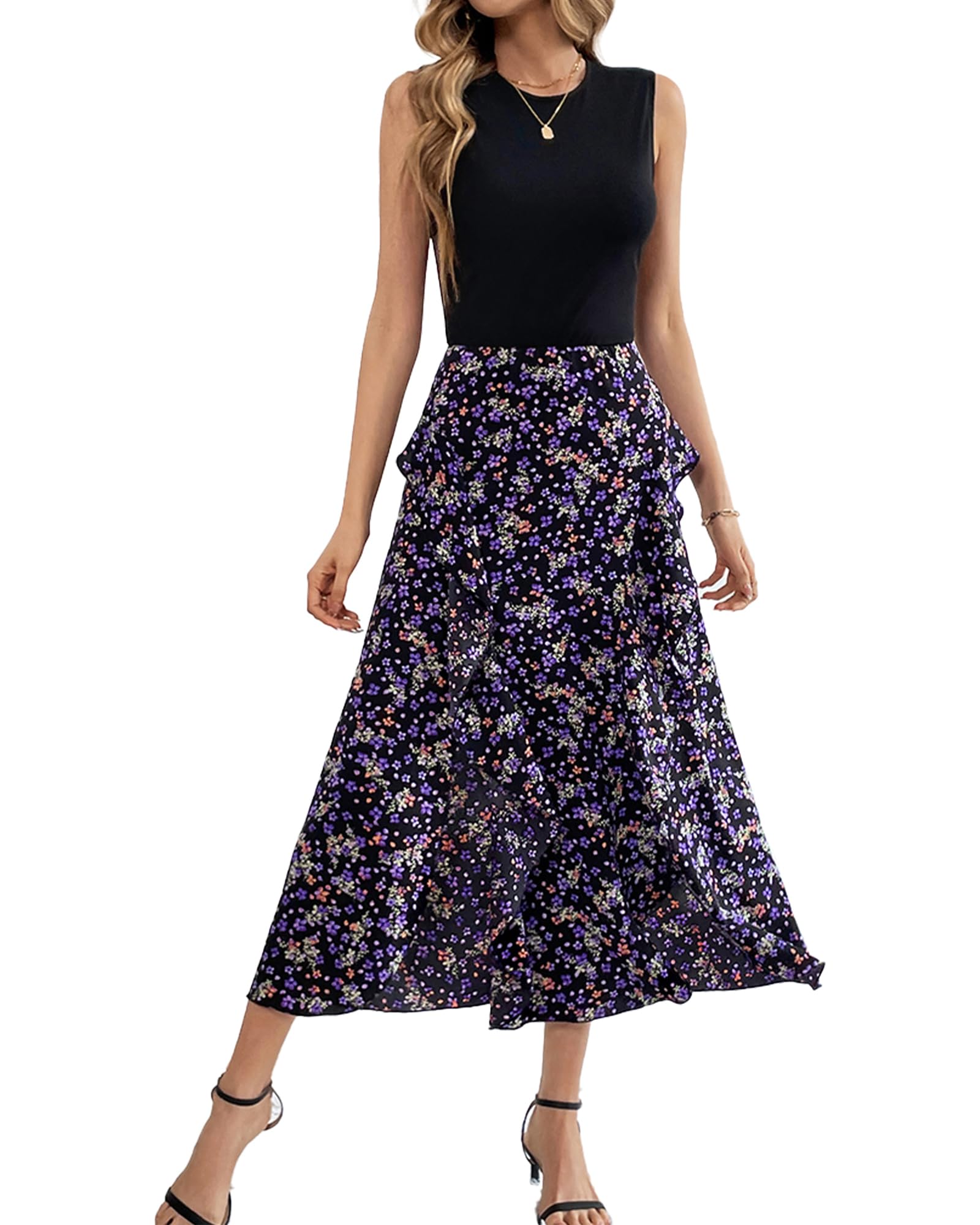 BTFBM Women Casual Sleeveless Summer Dresses 2025 Spring Crewneck Patchwork Boho Floral Ruffle Cocktail Party Midi Dress