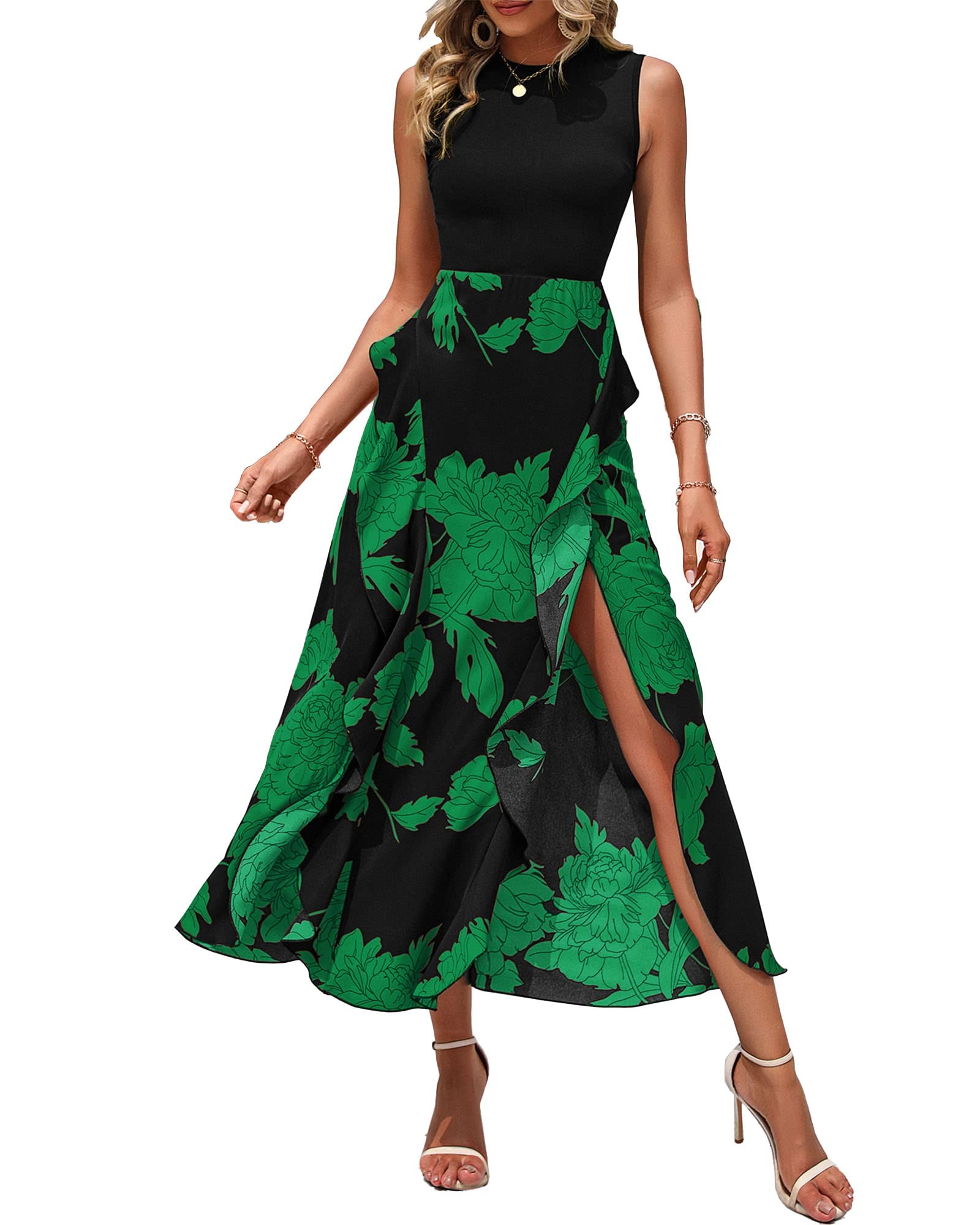 BTFBM Women Casual Sleeveless Summer Dresses 2025 Spring Crewneck Patchwork Boho Floral Ruffle Cocktail Party Midi Dress