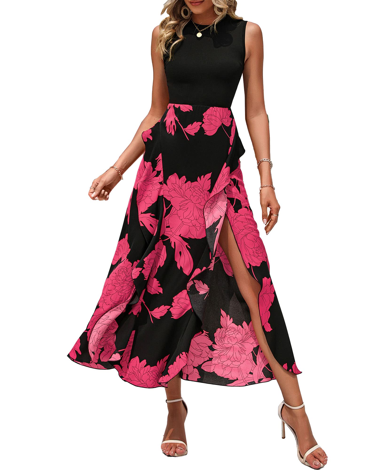 BTFBM Women Casual Sleeveless Summer Dresses 2025 Spring Crewneck Patchwork Boho Floral Ruffle Cocktail Party Midi Dress