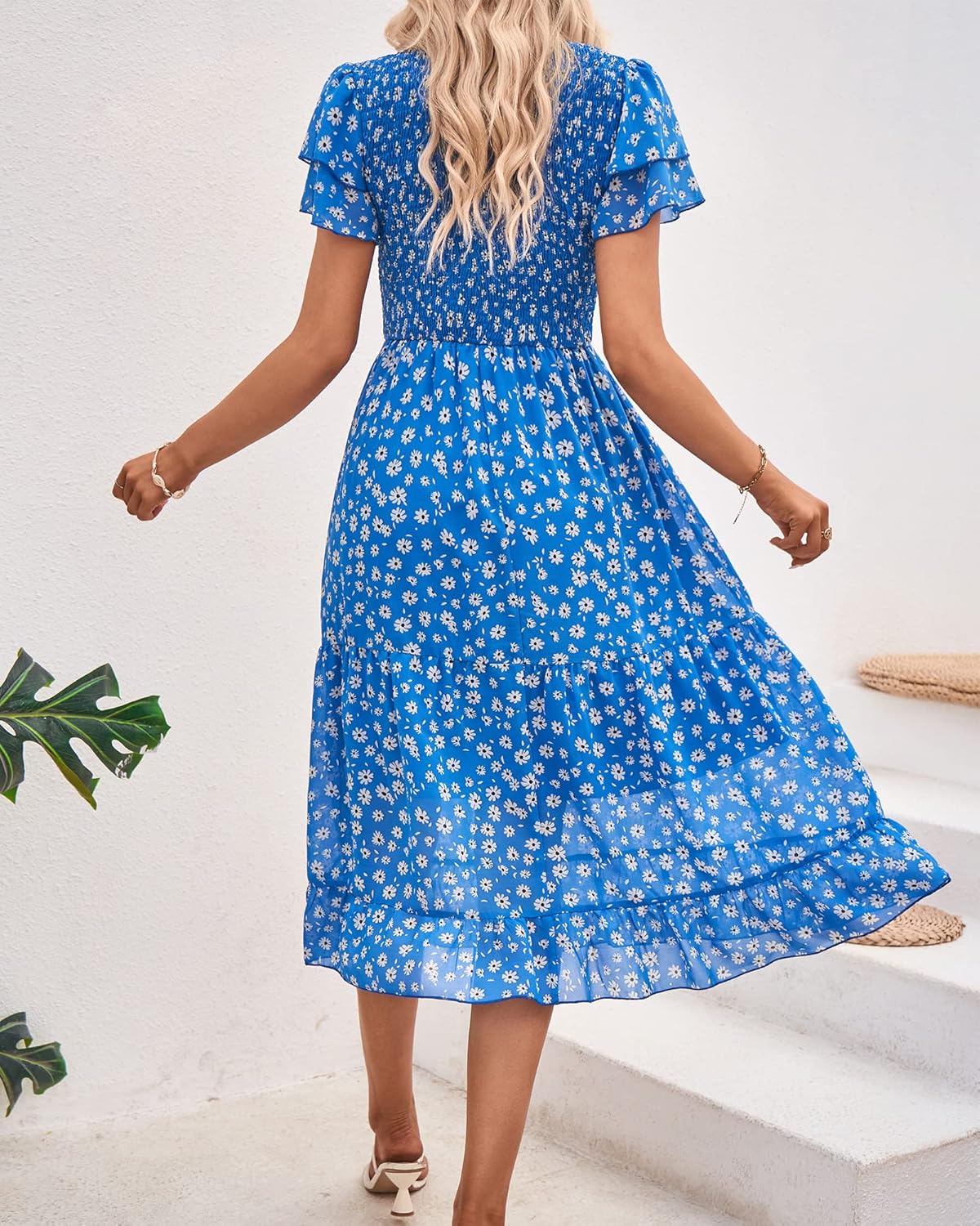 BTFBM Women Casual Summer Short Ruffles Tiered Sleeve Smocked Midi Dresses Bohemian Floral V Neck Wedding Guest Long Dresses