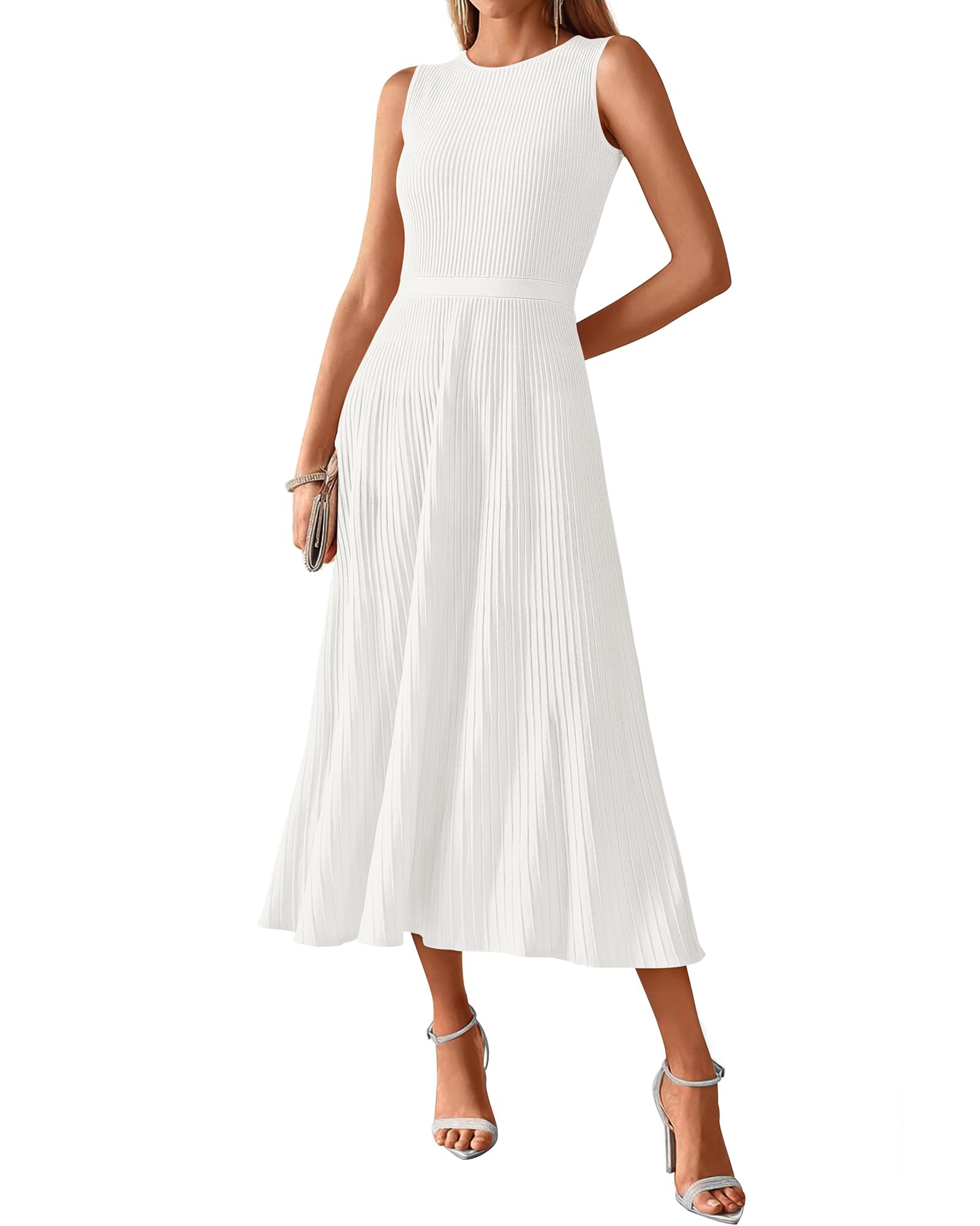 BTFBM Women Midi Bodycon Tank Dress Summer Crewneck Sleeveless Pleated A Line Business Casual Knit Sweater Fall Dresses