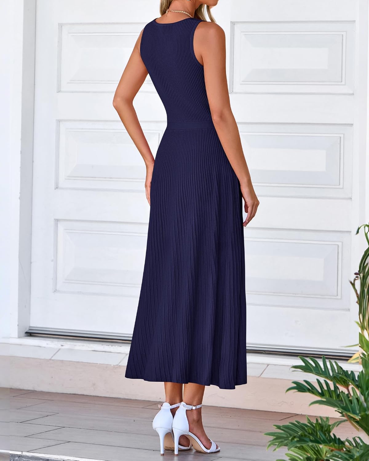 BTFBM Women Midi Bodycon Tank Dress Summer Crewneck Sleeveless Pleated A Line Business Casual Knit Sweater Fall Dresses