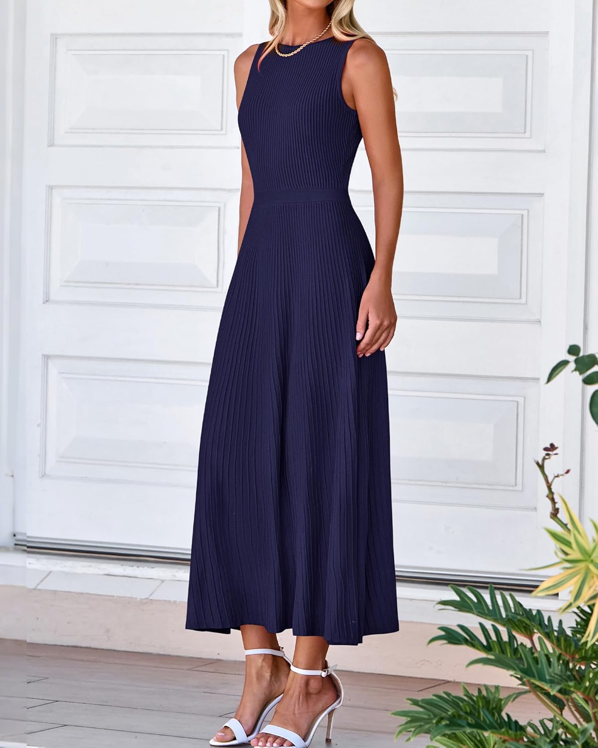 BTFBM Women Midi Bodycon Tank Dress Summer Crewneck Sleeveless Pleated A Line Business Casual Knit Sweater Fall Dresses