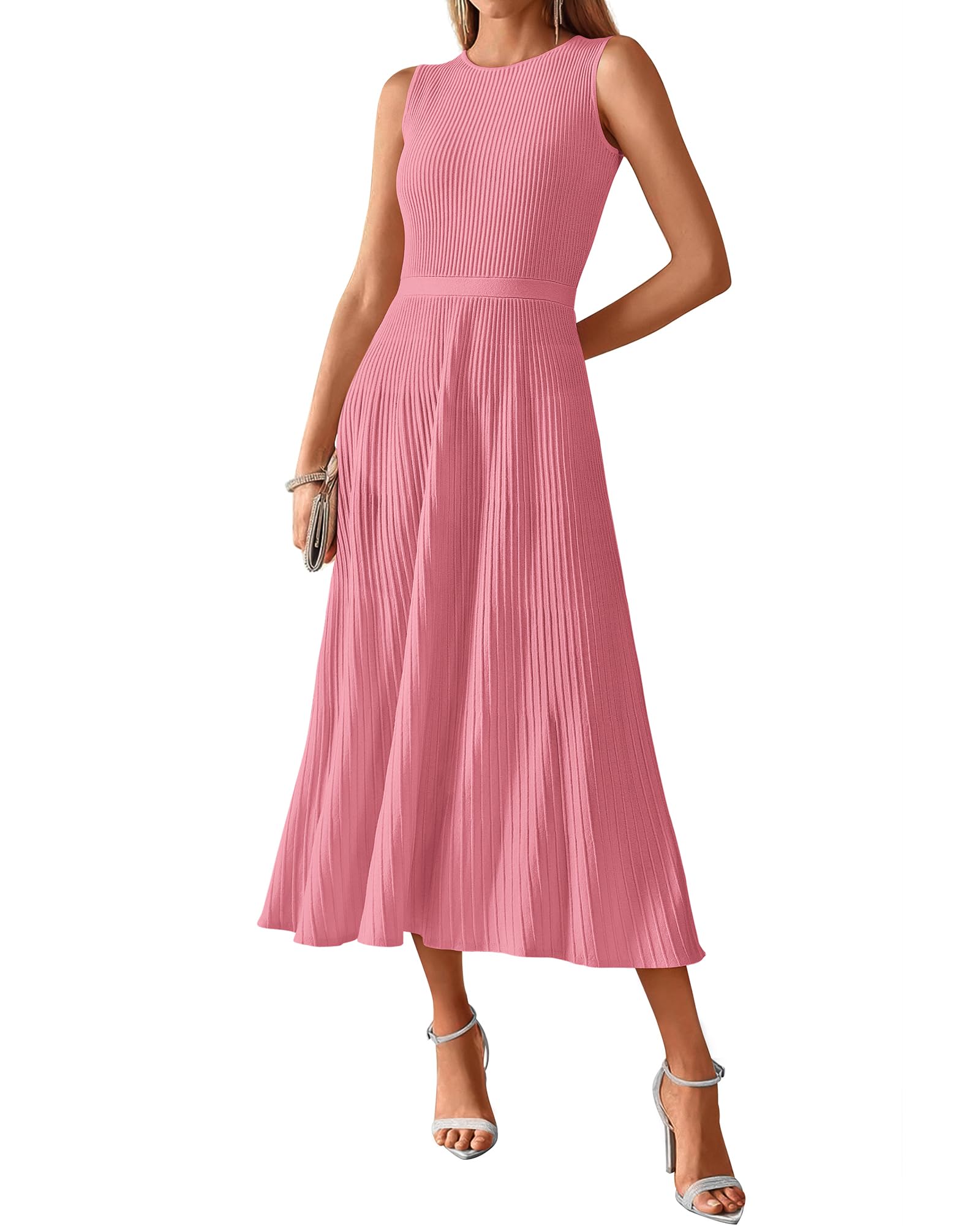 BTFBM Women Midi Bodycon Tank Dress Summer Crewneck Sleeveless Pleated A Line Business Casual Knit Sweater Fall Dresses