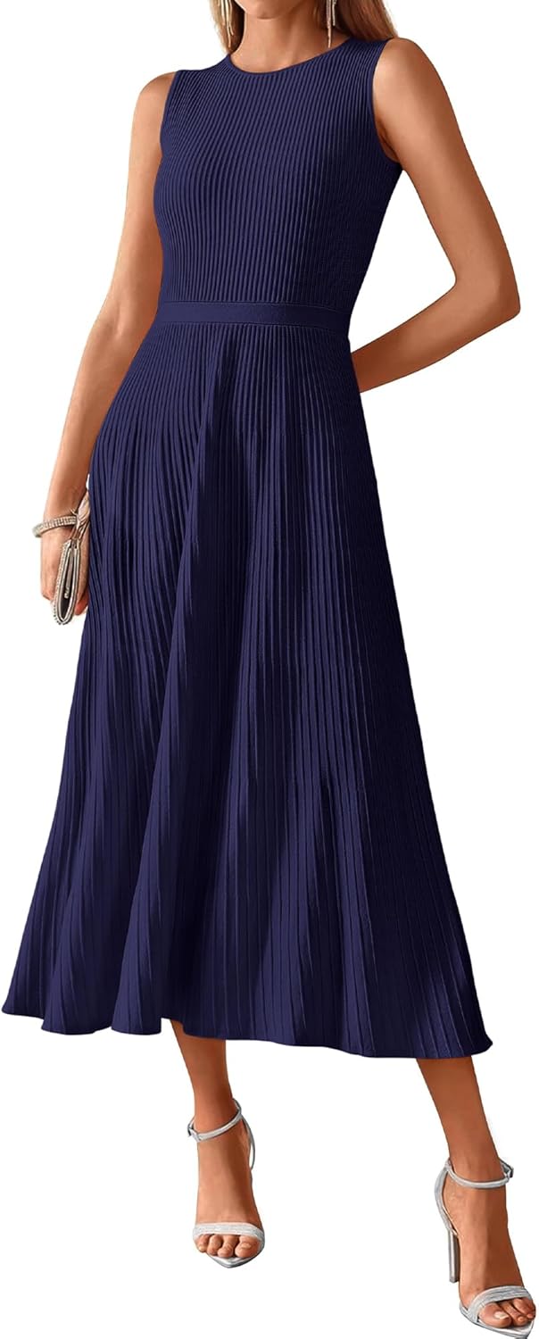 BTFBM Women Midi Bodycon Tank Dress Summer Crewneck Sleeveless Pleated A Line Business Casual Knit Sweater Fall Dresses