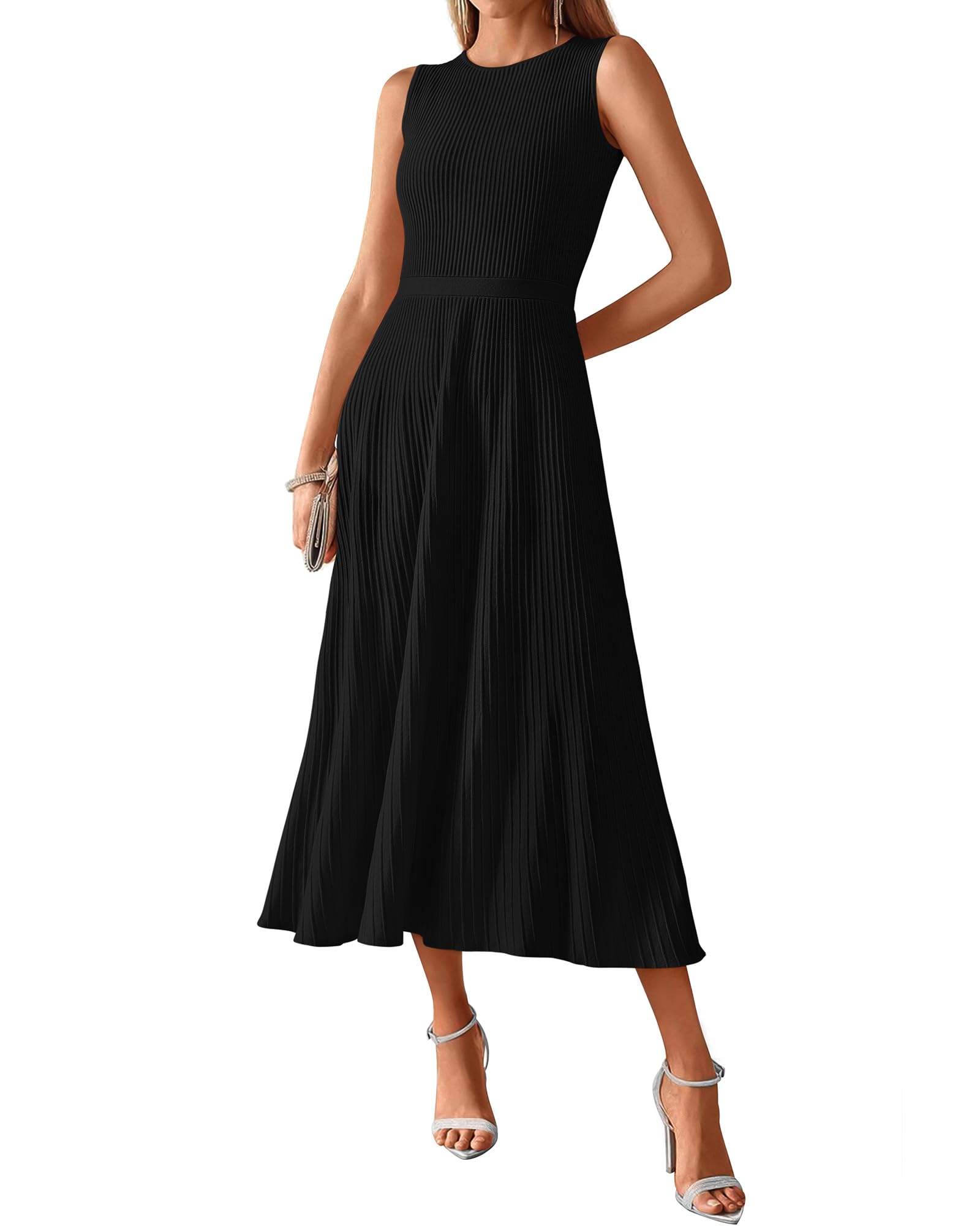 BTFBM Women Midi Bodycon Tank Dress Summer Crewneck Sleeveless Pleated A Line Business Casual Knit Sweater Fall Dresses