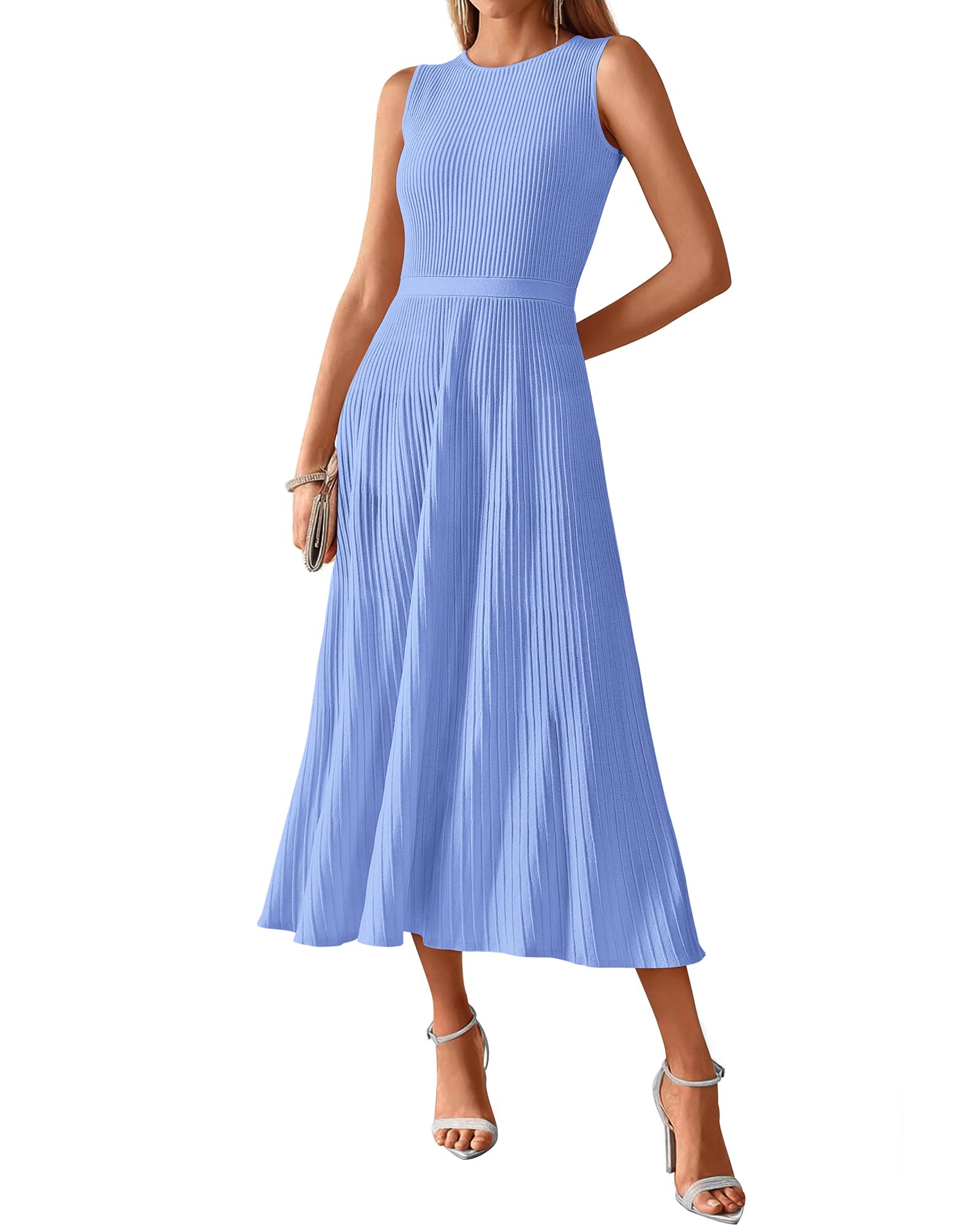 BTFBM Women Midi Bodycon Tank Dress Summer Crewneck Sleeveless Pleated A Line Business Casual Knit Sweater Fall Dresses