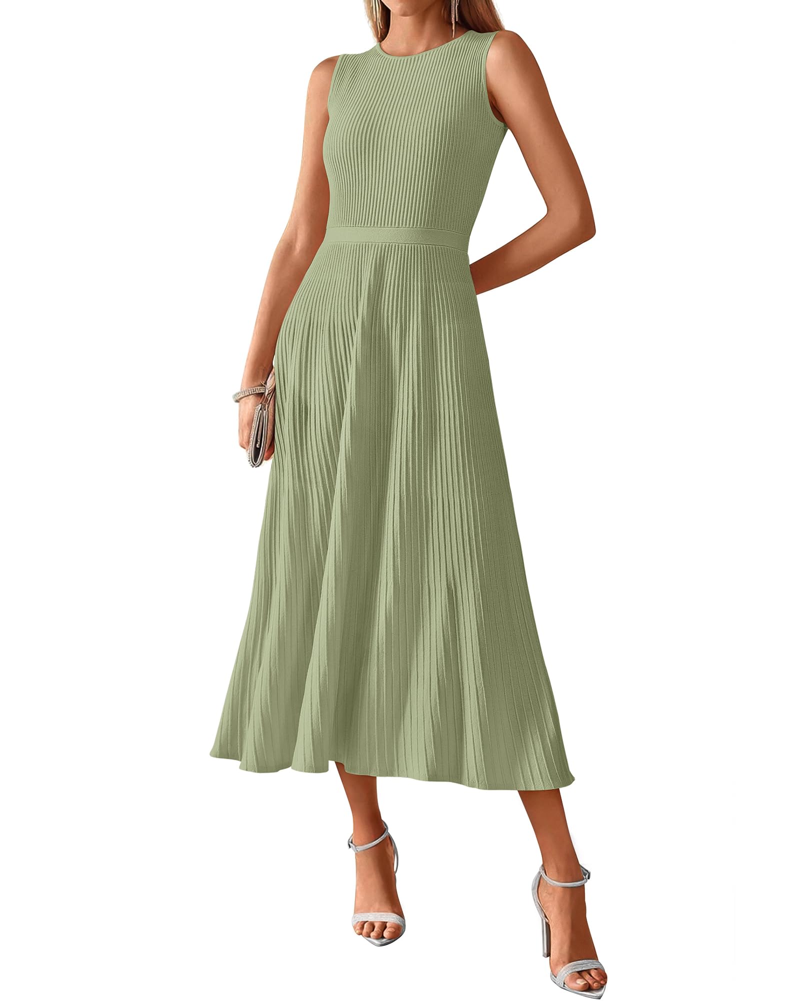 BTFBM Women Midi Bodycon Tank Dress Summer Crewneck Sleeveless Pleated A Line Business Casual Knit Sweater Fall Dresses