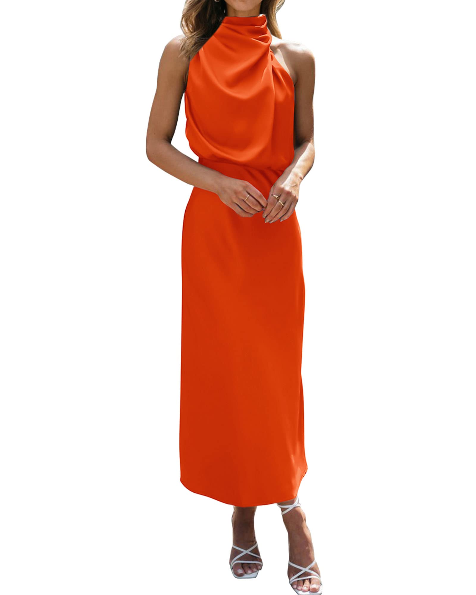 BTFBM Women Sleeveless Cocktail Dresses Fall Mock Neck Keyhole Elastic High Waist Evening Party Maxi Wedding Guest Dress