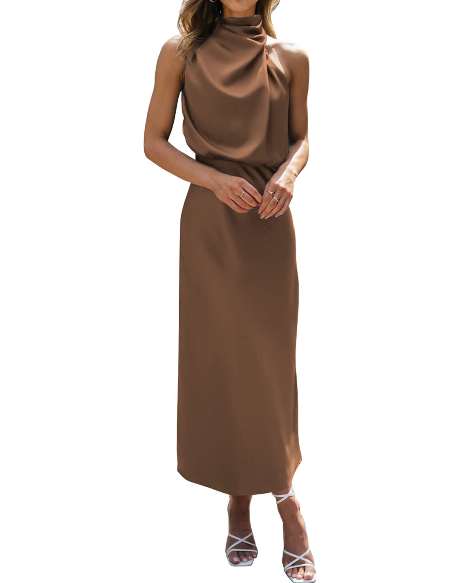 BTFBM Women Sleeveless Cocktail Dresses Fall Mock Neck Keyhole Elastic High Waist Evening Party Maxi Wedding Guest Dress