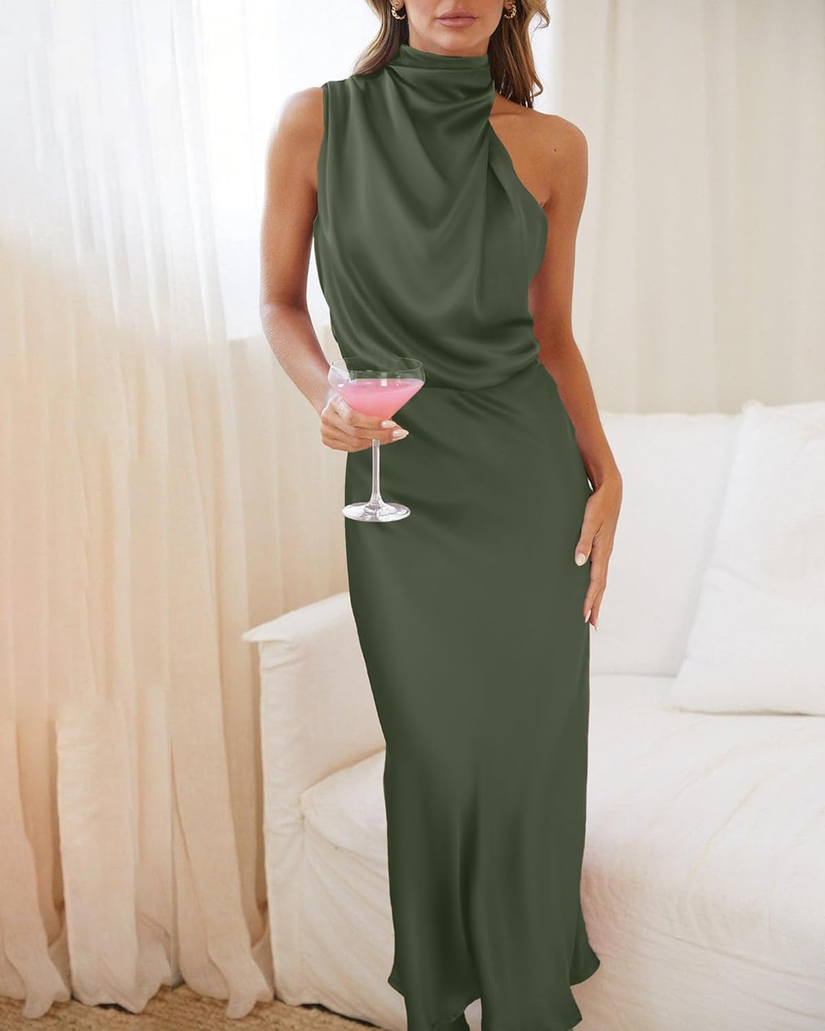 BTFBM Women Sleeveless Cocktail Dresses Fall Mock Neck Keyhole Elastic High Waist Evening Party Maxi Wedding Guest Dress