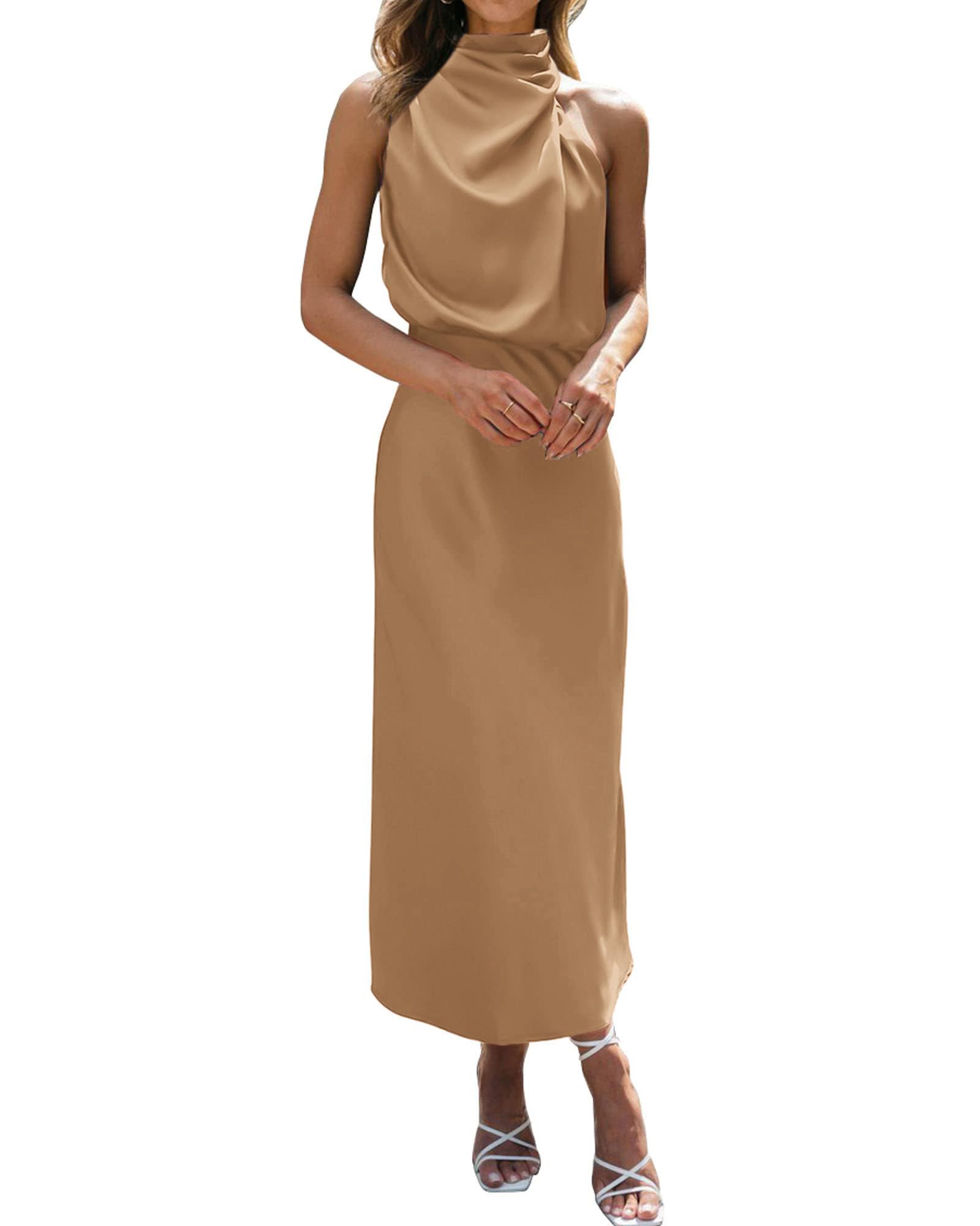 BTFBM Women Sleeveless Cocktail Dresses Fall Mock Neck Keyhole Elastic High Waist Evening Party Maxi Wedding Guest Dress