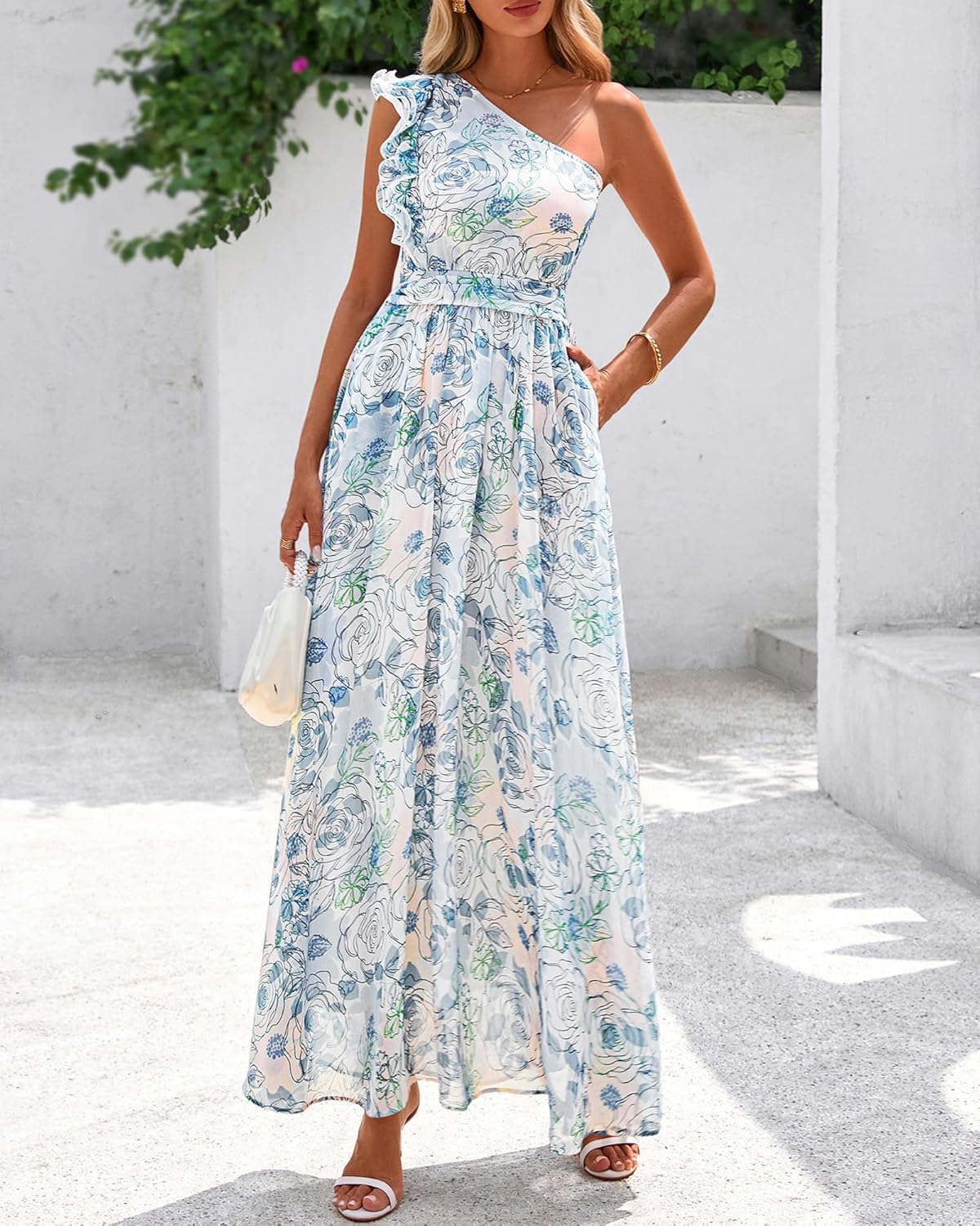 BTFBM Women Summer One Shoulder Floral Wedding Guest Dresses Sleeveless Smocked Ruffle Flowy Beach Vacation Maxi Dress