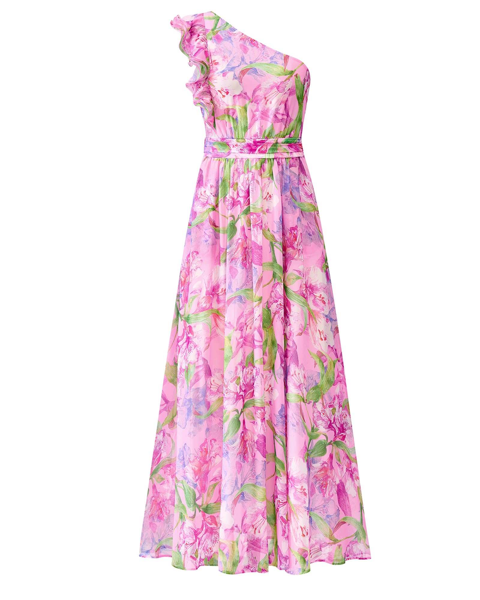 BTFBM Women Summer One Shoulder Floral Wedding Guest Dresses Sleeveless Smocked Ruffle Flowy Beach Vacation Maxi Dress