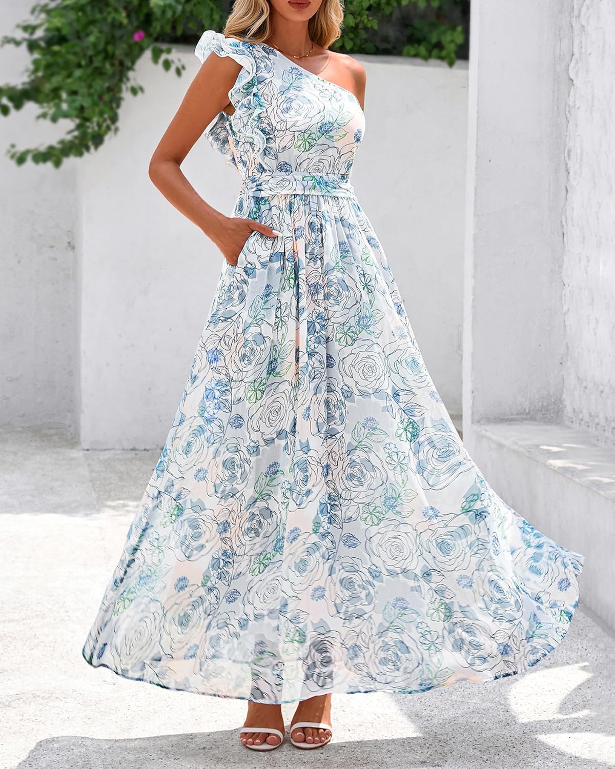 BTFBM Women Summer One Shoulder Floral Wedding Guest Dresses Sleeveless Smocked Ruffle Flowy Beach Vacation Maxi Dress