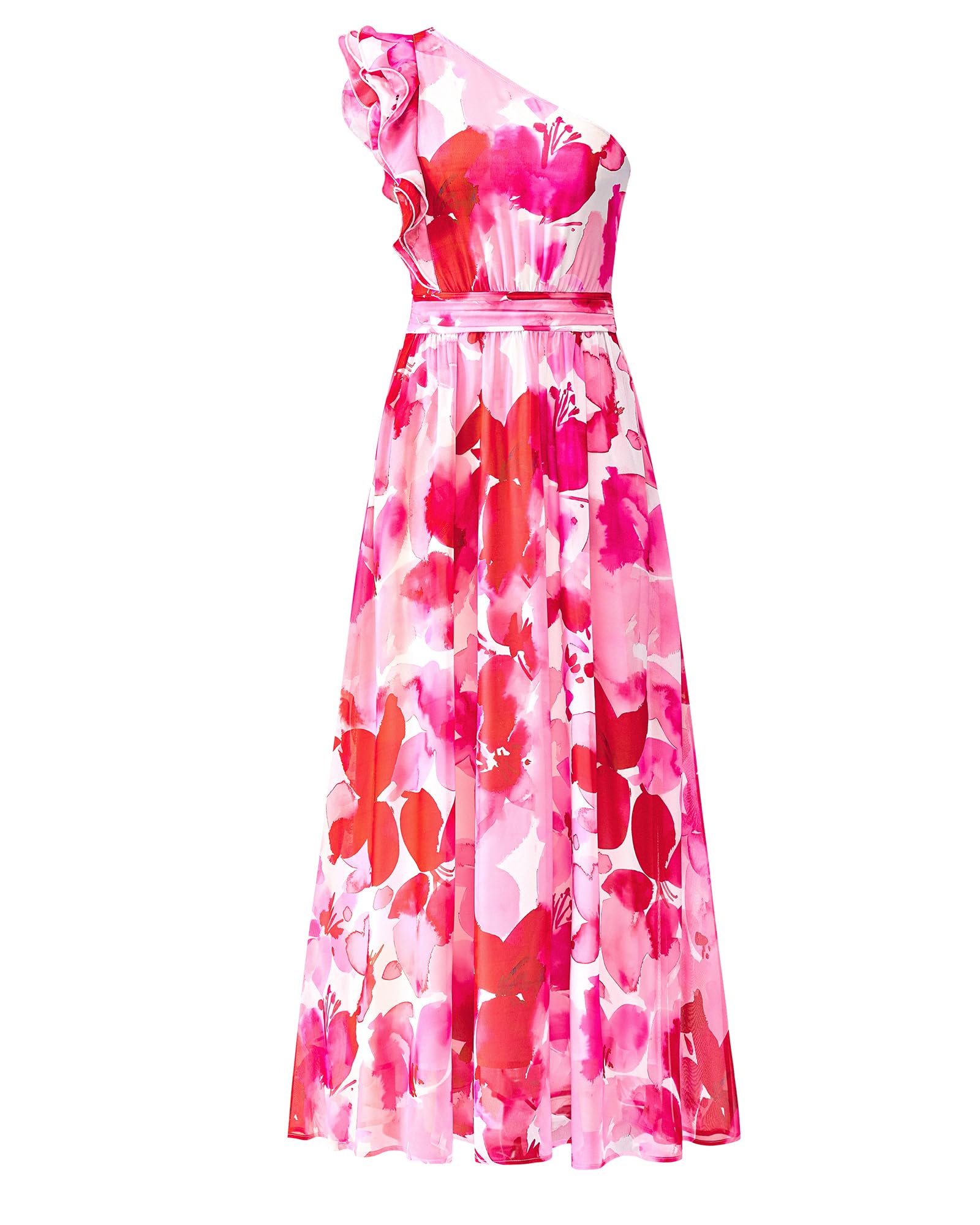 BTFBM Women Summer One Shoulder Floral Wedding Guest Dresses Sleeveless Smocked Ruffle Flowy Beach Vacation Maxi Dress