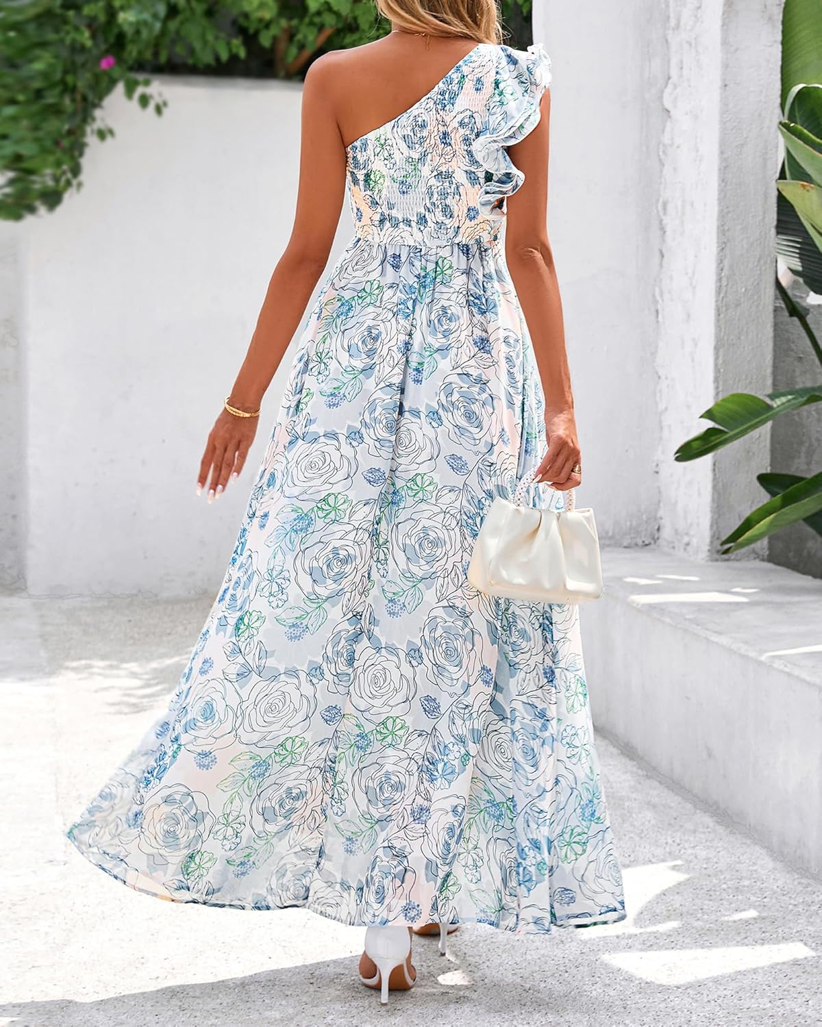 BTFBM Women Summer One Shoulder Floral Wedding Guest Dresses Sleeveless Smocked Ruffle Flowy Beach Vacation Maxi Dress