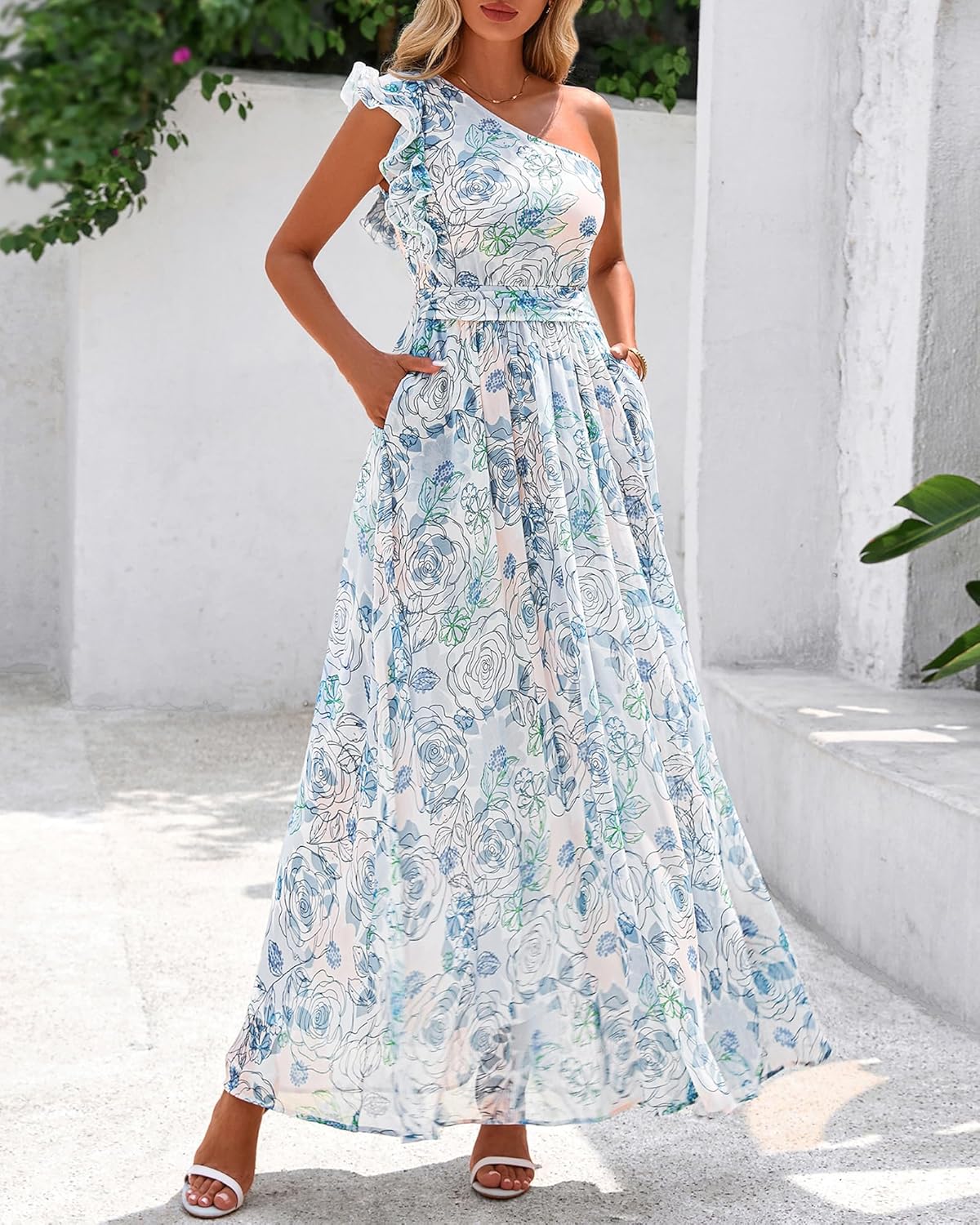 BTFBM Women Summer One Shoulder Floral Wedding Guest Dresses Sleeveless Smocked Ruffle Flowy Beach Vacation Maxi Dress