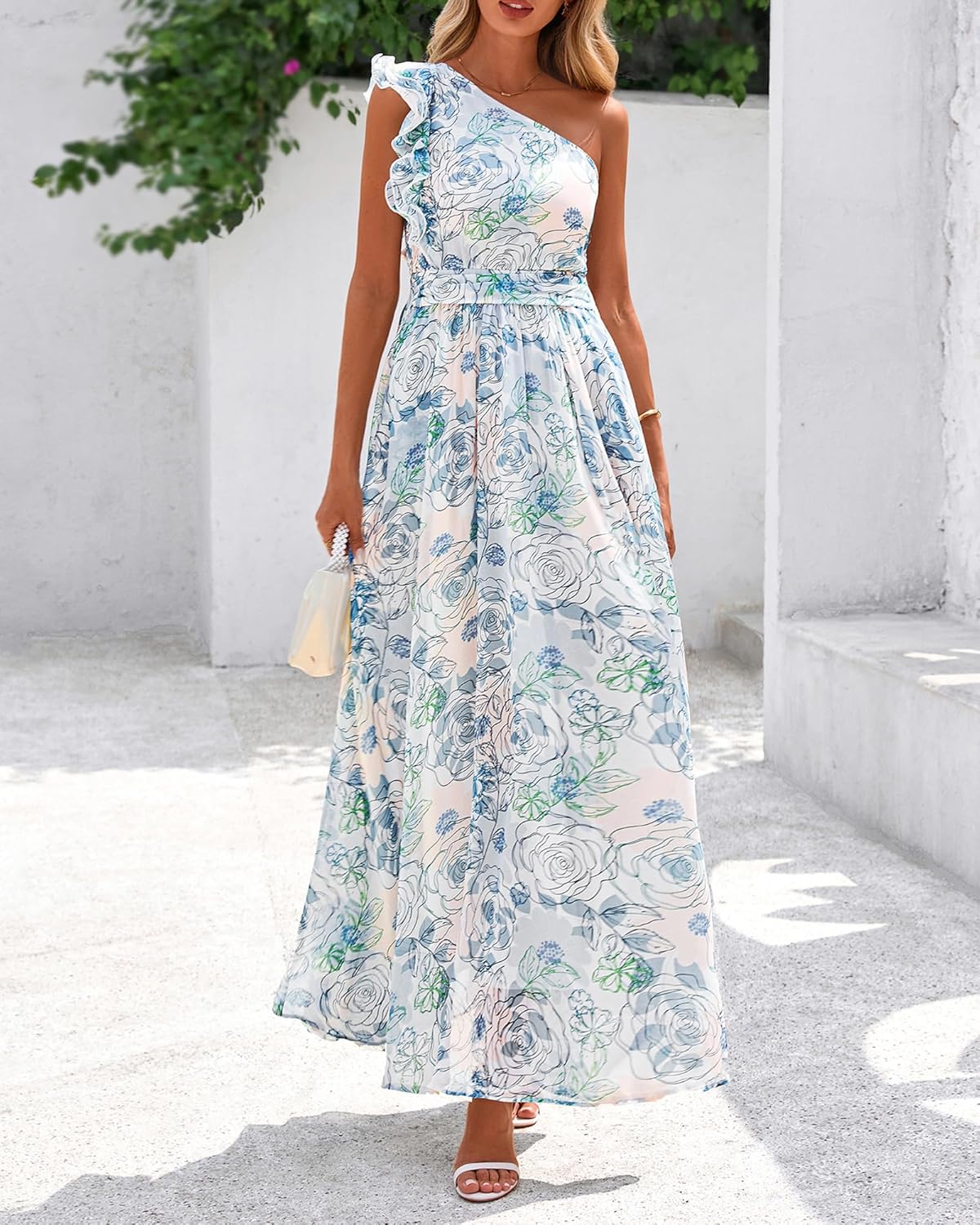 BTFBM Women Summer One Shoulder Floral Wedding Guest Dresses Sleeveless Smocked Ruffle Flowy Beach Vacation Maxi Dress