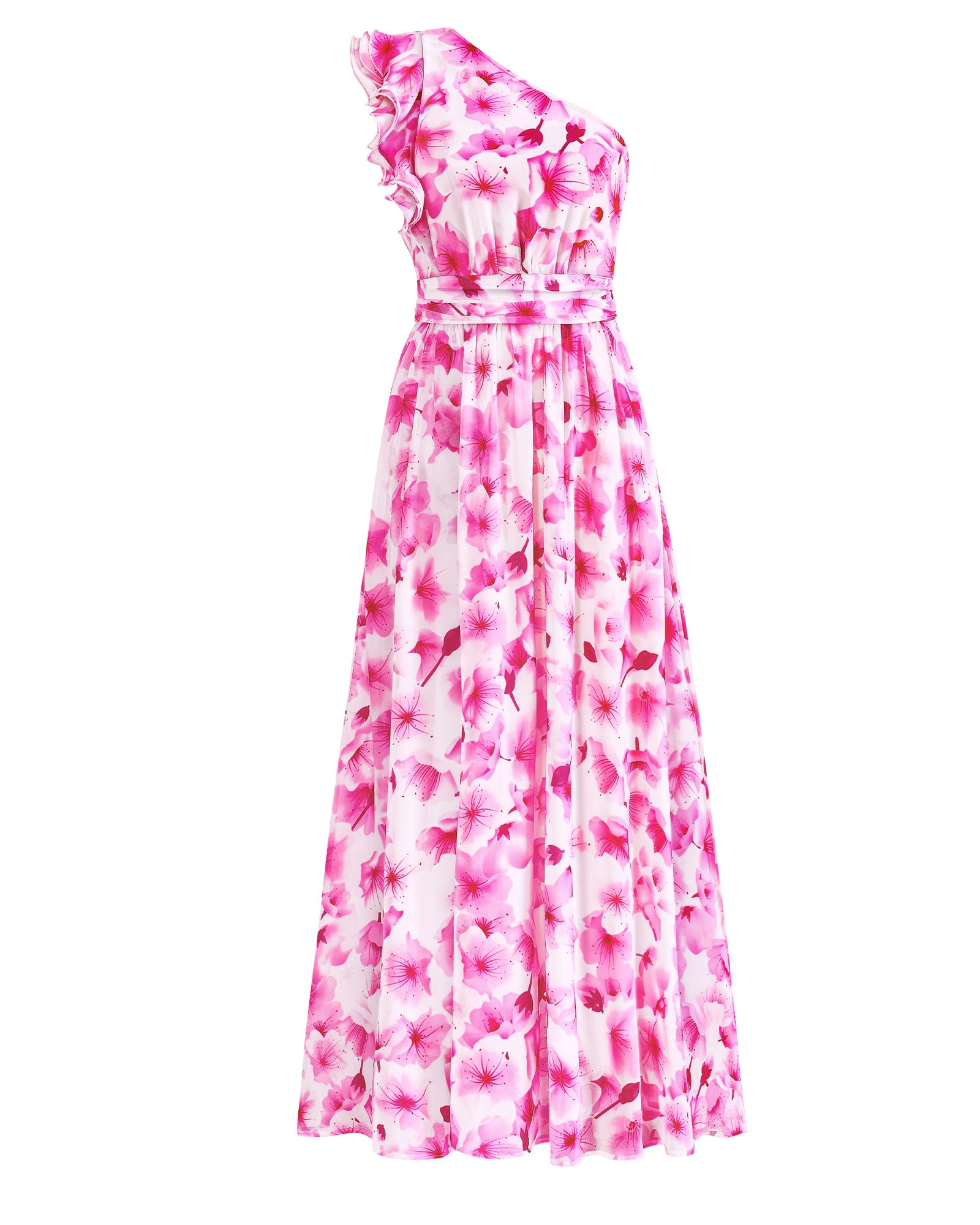 BTFBM Women Summer One Shoulder Floral Wedding Guest Dresses Sleeveless Smocked Ruffle Flowy Beach Vacation Maxi Dress