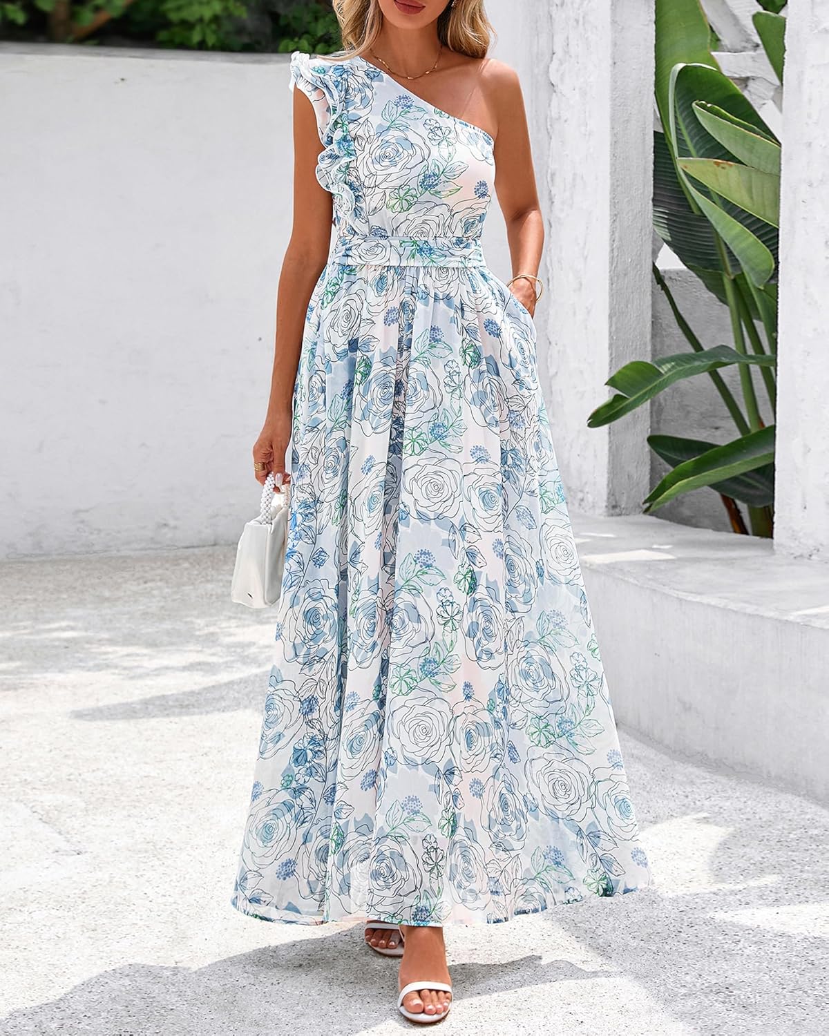 BTFBM Women Summer One Shoulder Floral Wedding Guest Dresses Sleeveless Smocked Ruffle Flowy Beach Vacation Maxi Dress