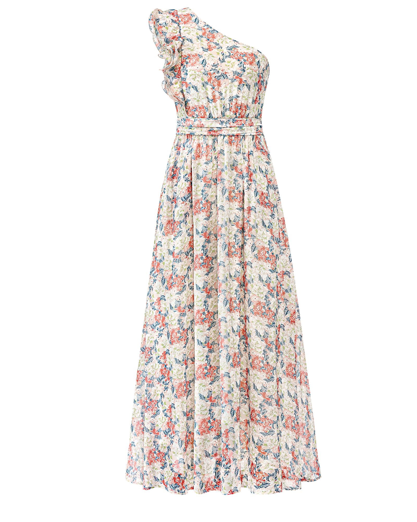 BTFBM Women Summer One Shoulder Floral Wedding Guest Dresses Sleeveless Smocked Ruffle Flowy Beach Vacation Maxi Dress