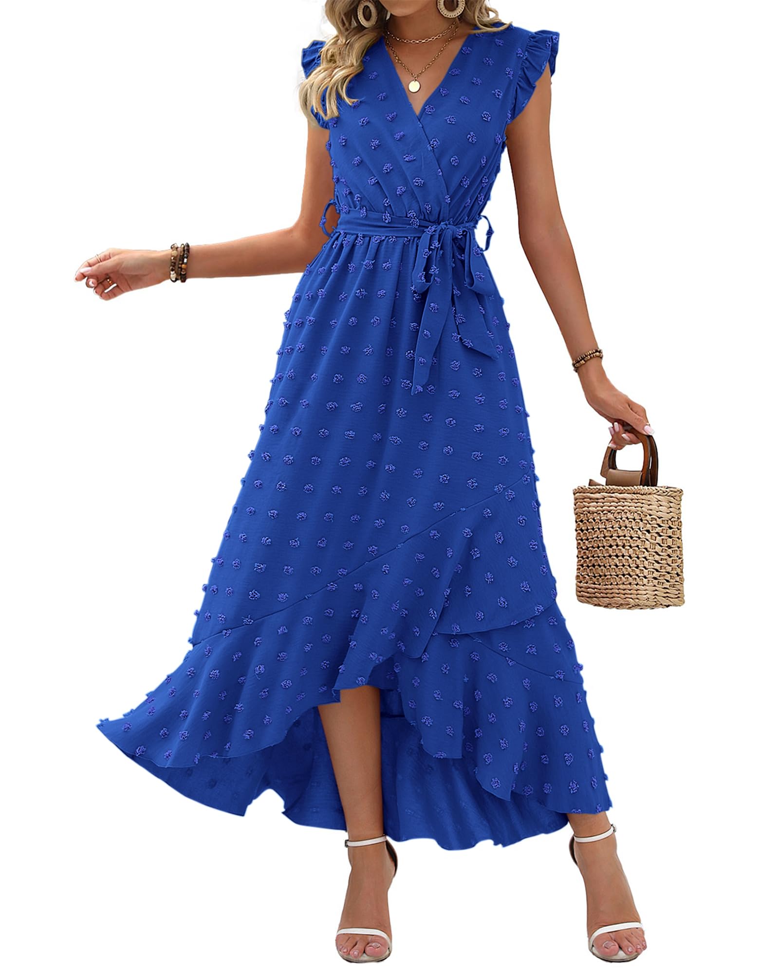 BTFBM Women V Neck Summer Dress 2025 Cap Sleeve Swiss Dot Boho Flowy Ruffle Slit Beach Party Long Maxi Cocktail Dresses