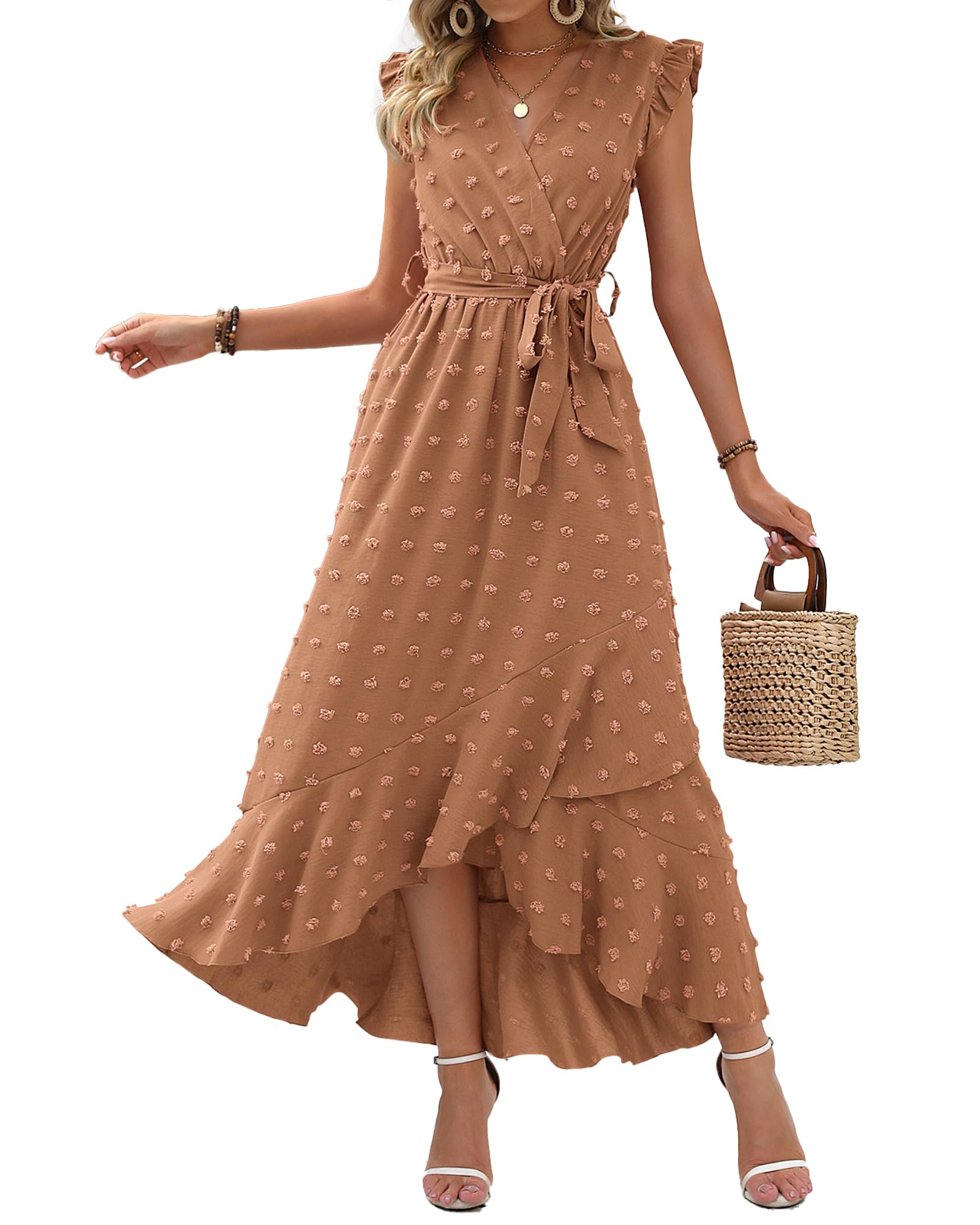 BTFBM Women V Neck Summer Dress 2025 Cap Sleeve Swiss Dot Boho Flowy Ruffle Slit Beach Party Long Maxi Cocktail Dresses