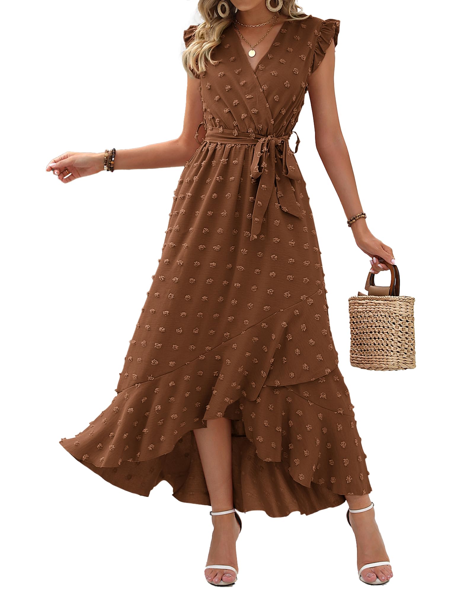 BTFBM Women V Neck Summer Dress 2025 Cap Sleeve Swiss Dot Boho Flowy Ruffle Slit Beach Party Long Maxi Cocktail Dresses