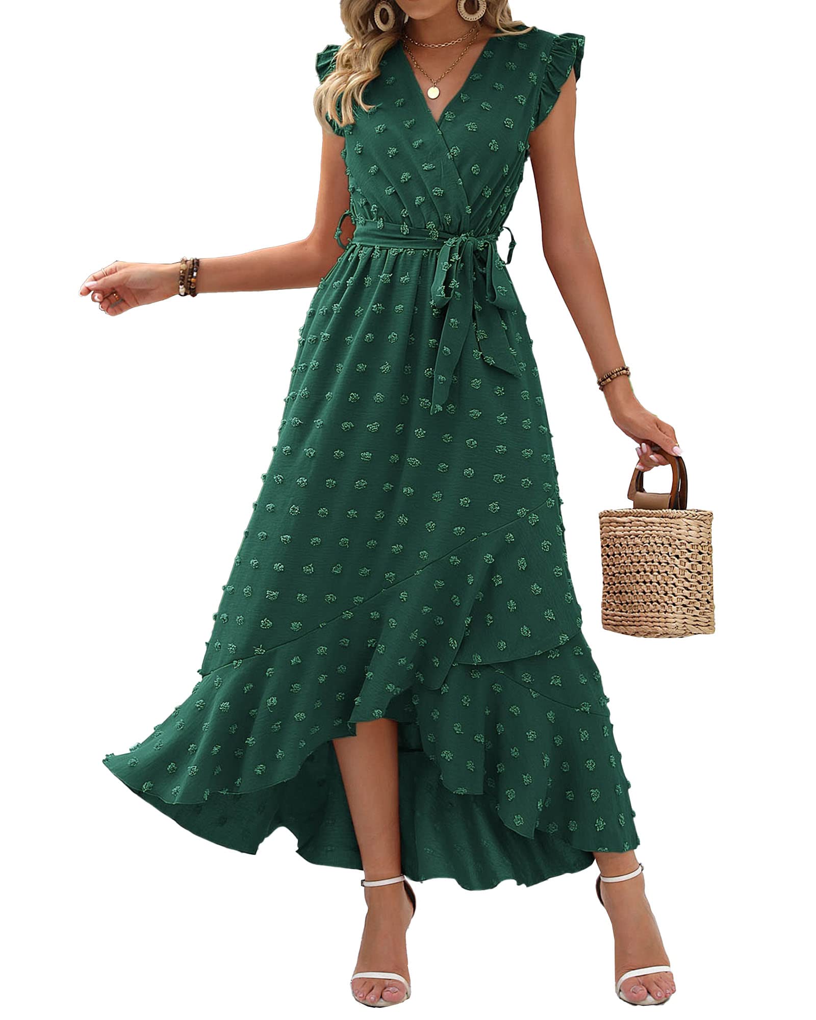 BTFBM Women V Neck Summer Dress 2025 Cap Sleeve Swiss Dot Boho Flowy Ruffle Slit Beach Party Long Maxi Cocktail Dresses