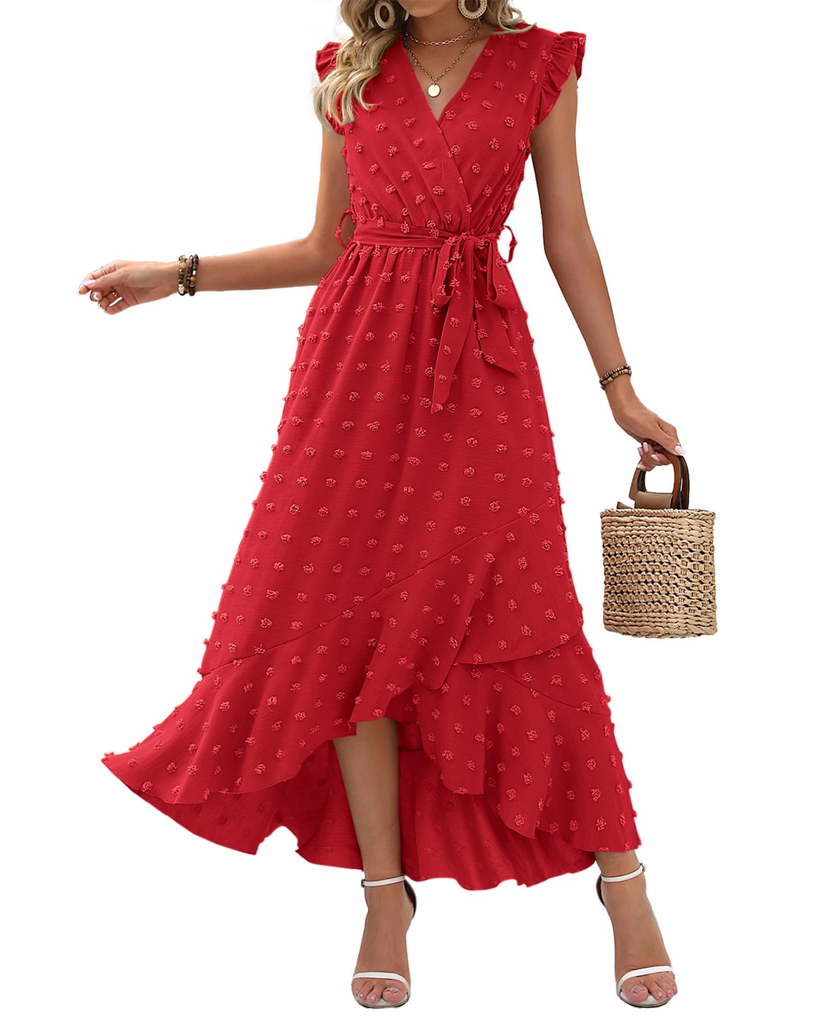 BTFBM Women V Neck Summer Dress 2025 Cap Sleeve Swiss Dot Boho Flowy Ruffle Slit Beach Party Long Maxi Cocktail Dresses